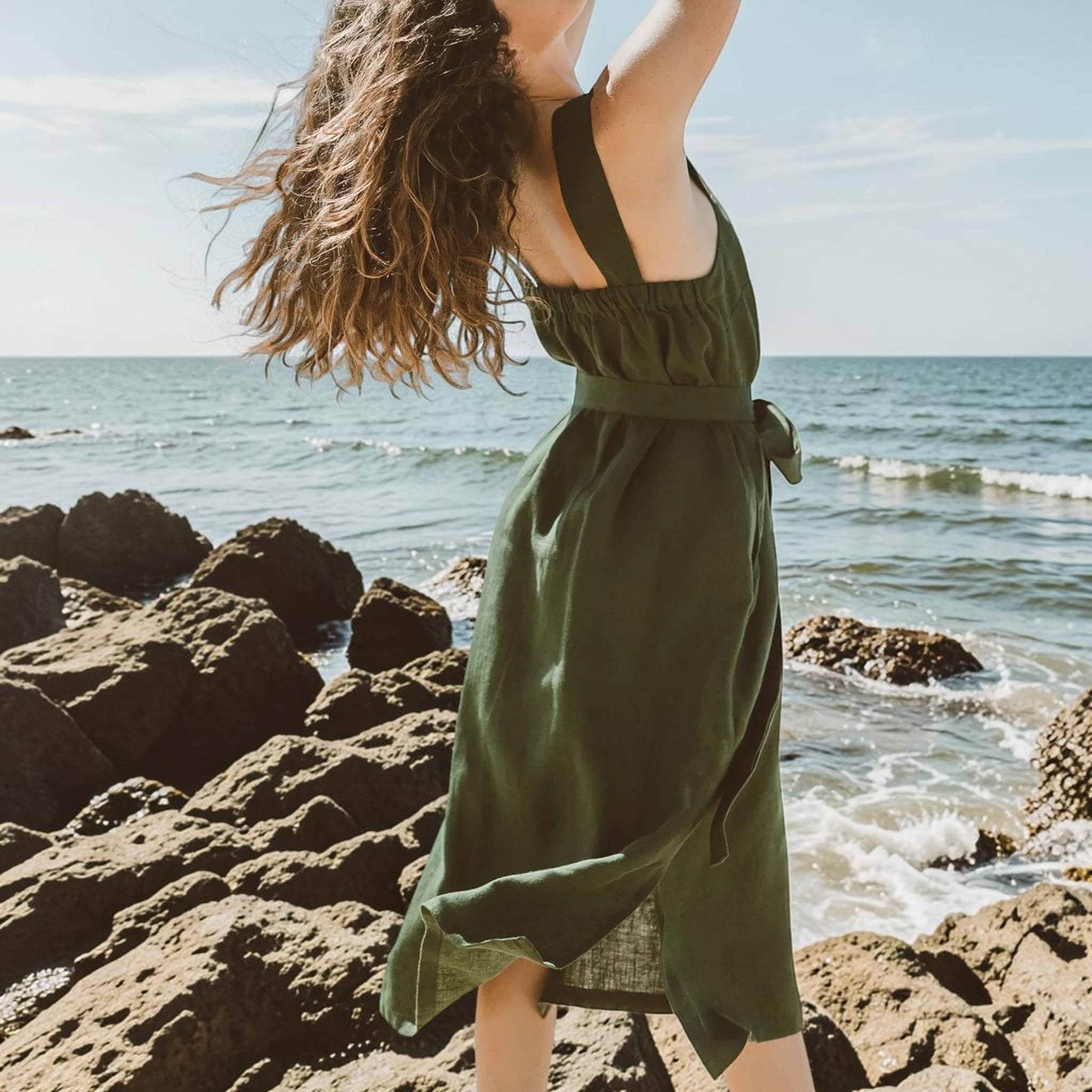 Linen Square Neck Midi Dress, Tie Waist Side Slit