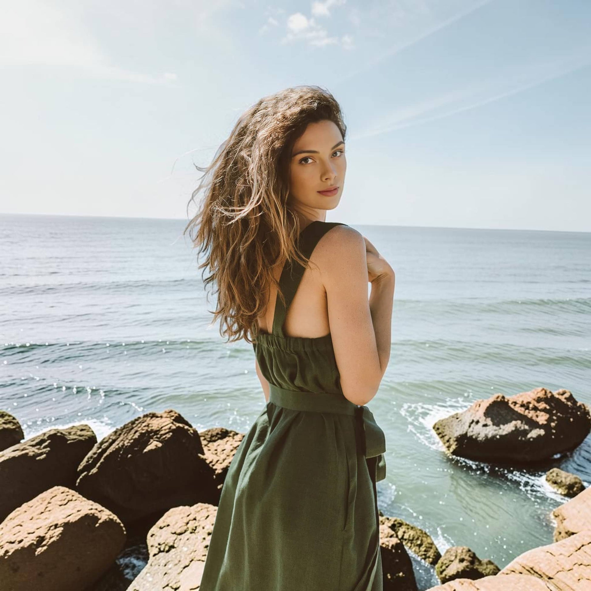 Linen Square Neck Midi Dress, Tie Waist Side Slit