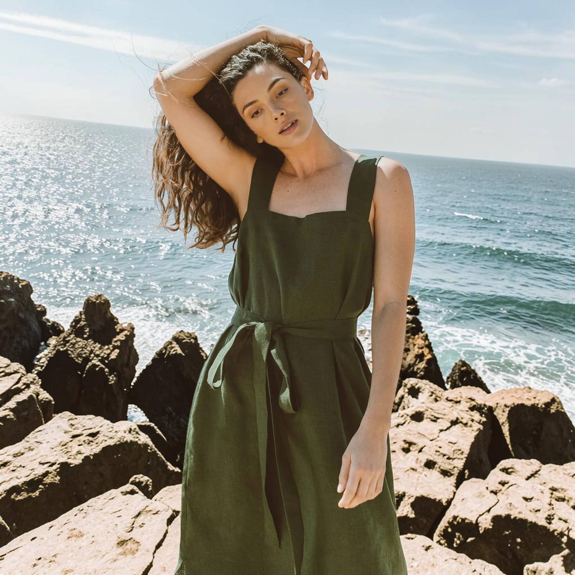 Linen Square Neck Midi Dress, Tie Waist Side Slit
