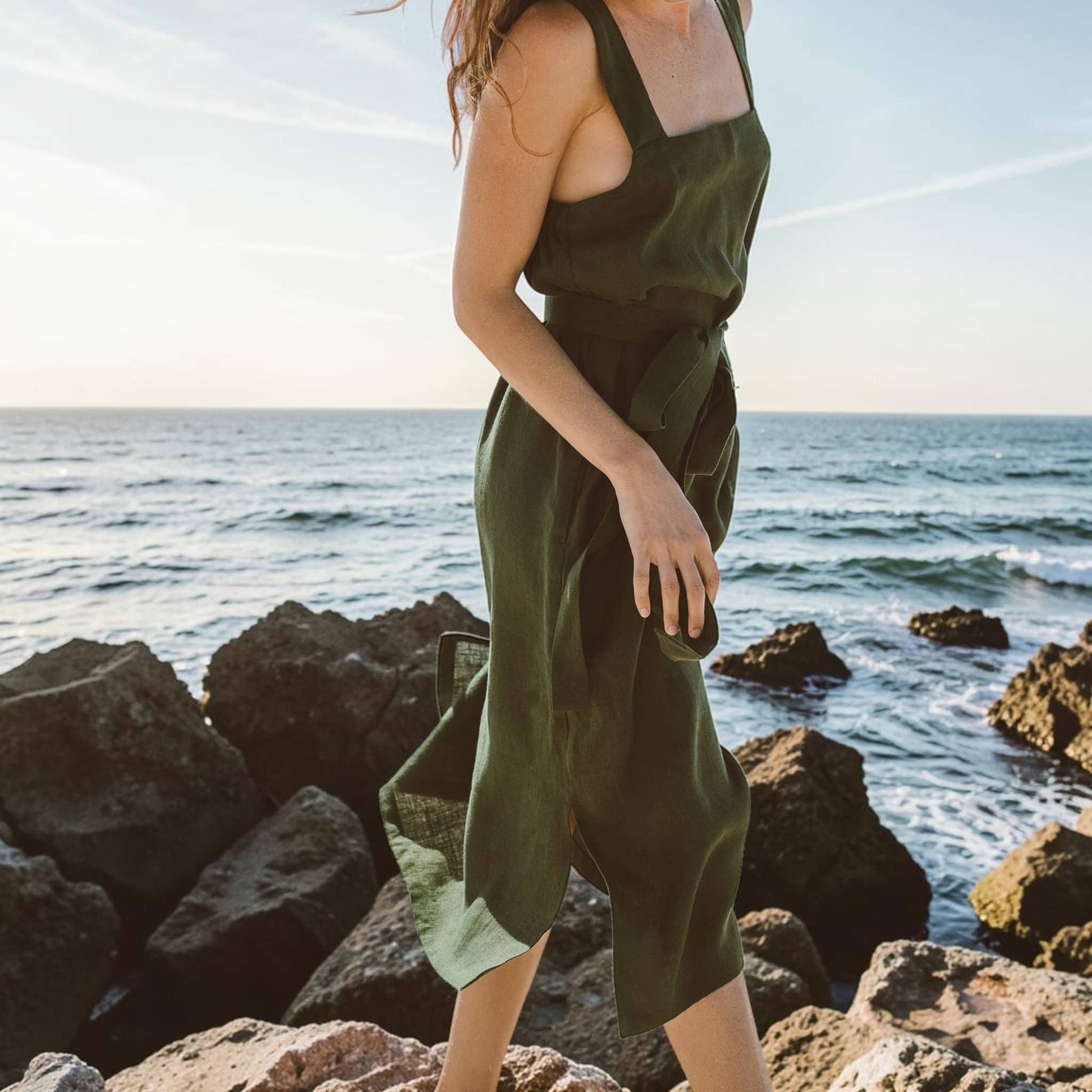 Linen Square Neck Midi Dress, Tie Waist Side Slit