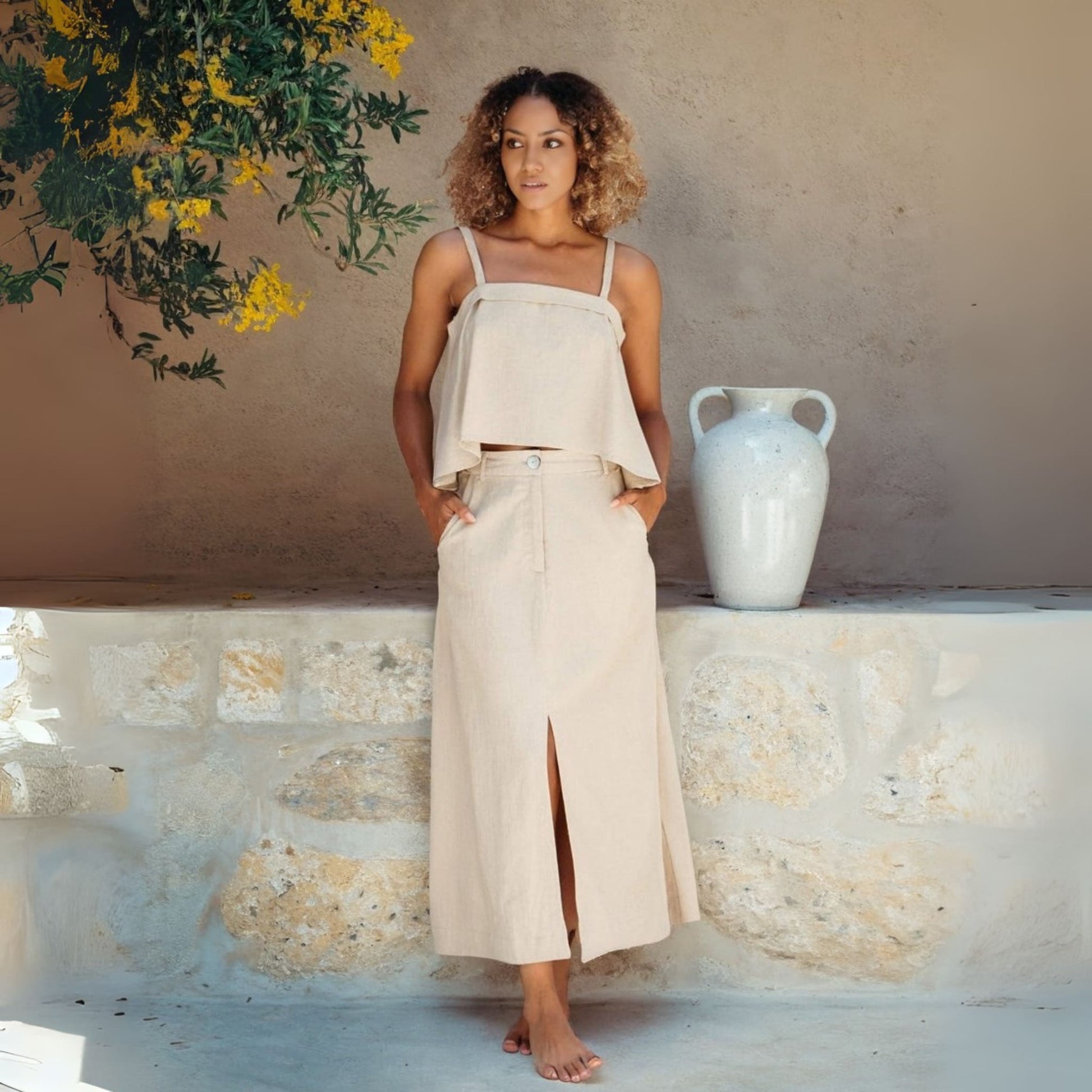 Linen Straight Midi Skirt, A-Line Slit Skirt
