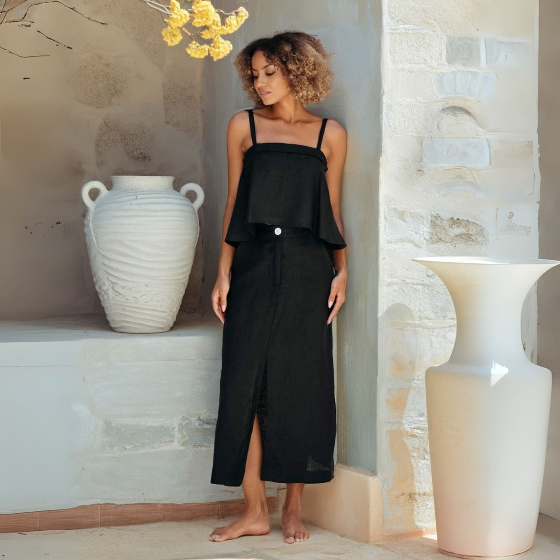 Linen Straight Midi Skirt, A-Line Slit Skirt