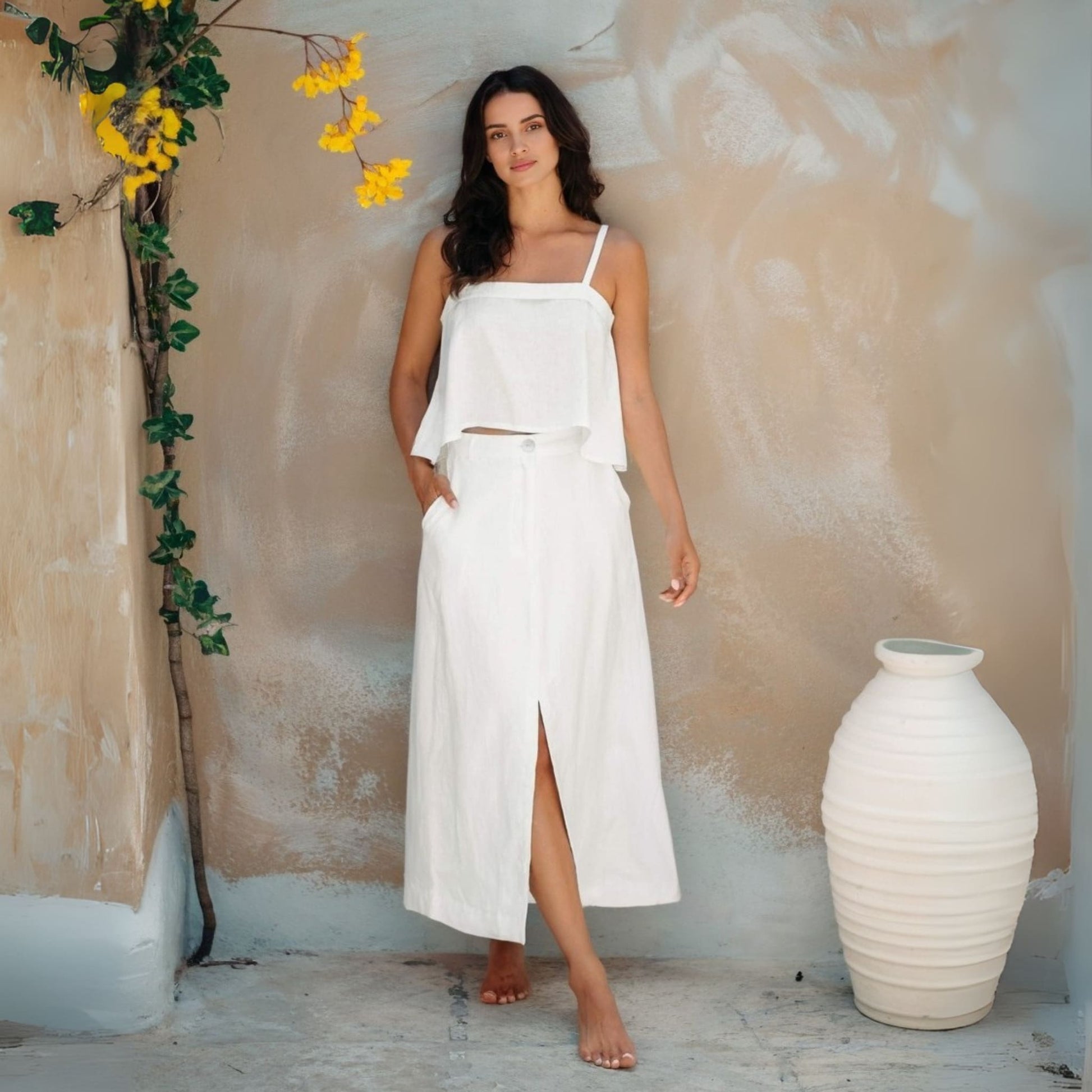 Linen Straight Midi Skirt, A-Line Slit Skirt