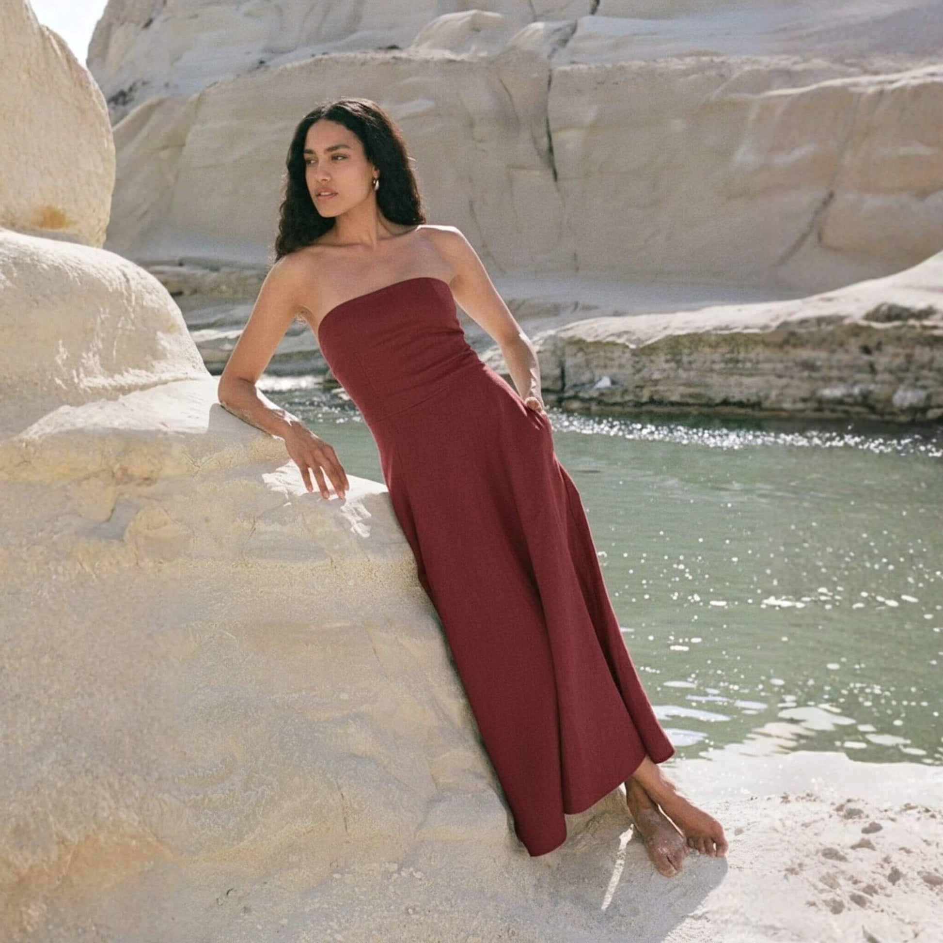 Linen Strapless Midi Dress, A Line Midi Dress