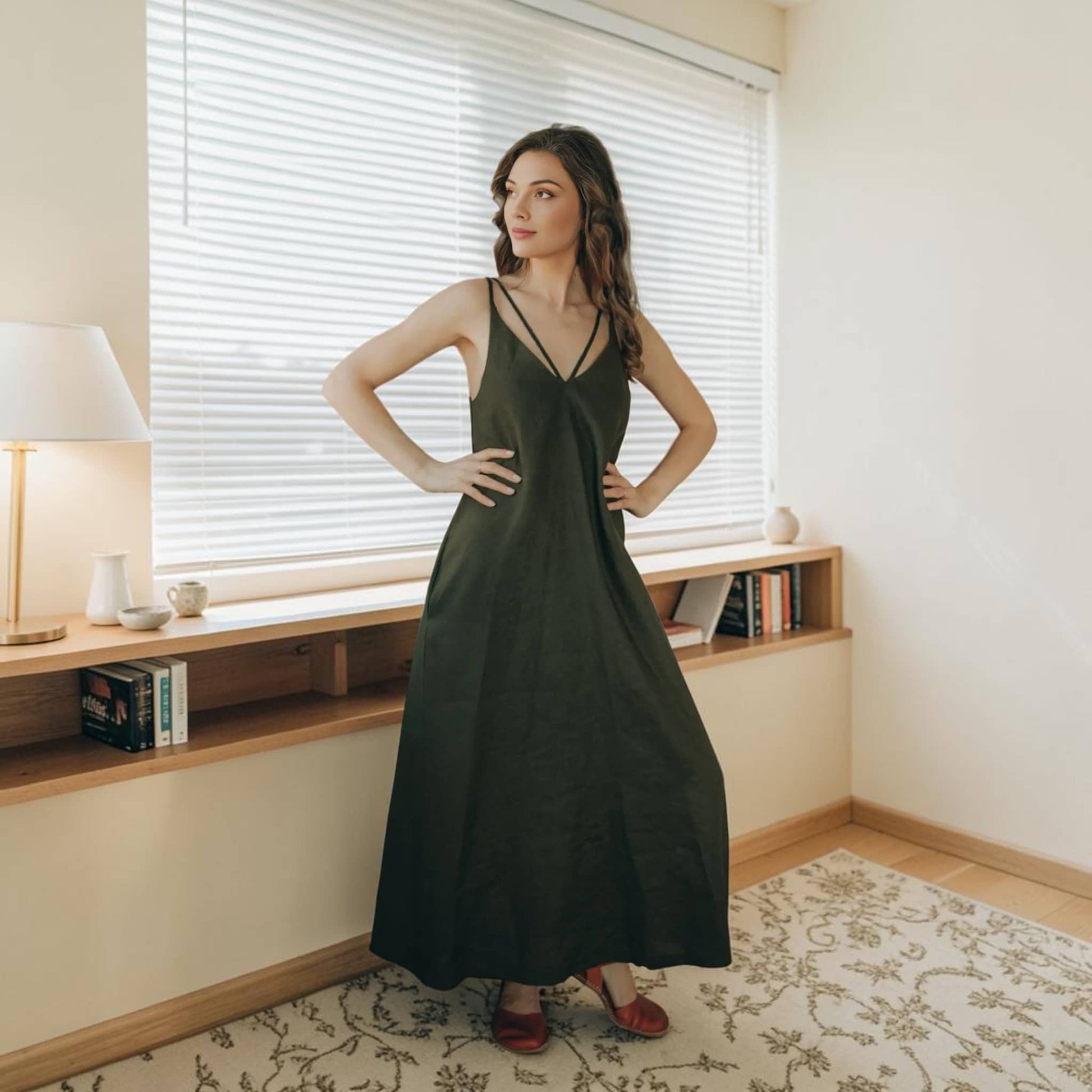 Linen Strappy V-Neck Maxi Dress, Side Pocket