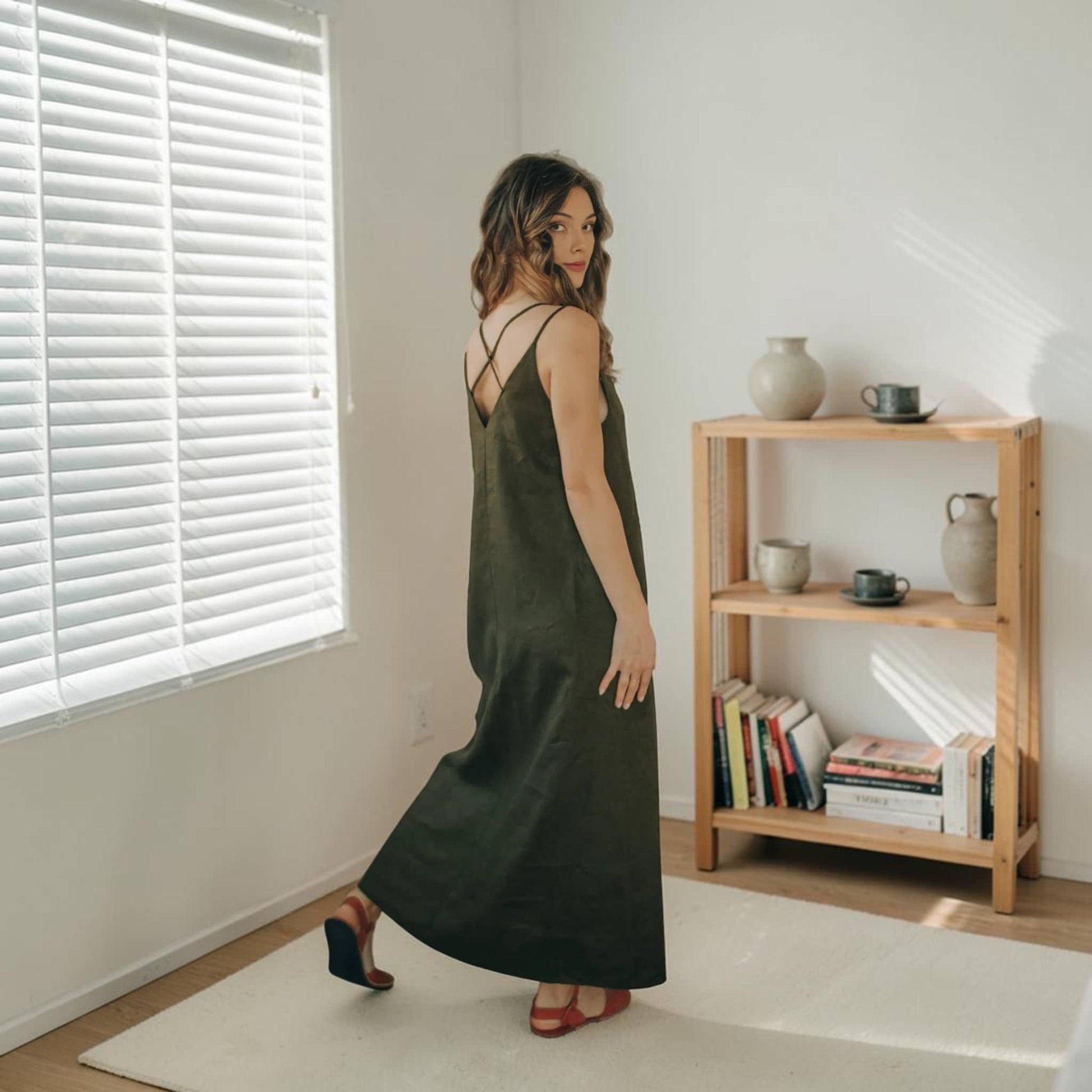 Linen Strappy V-Neck Maxi Dress, Side Pocket