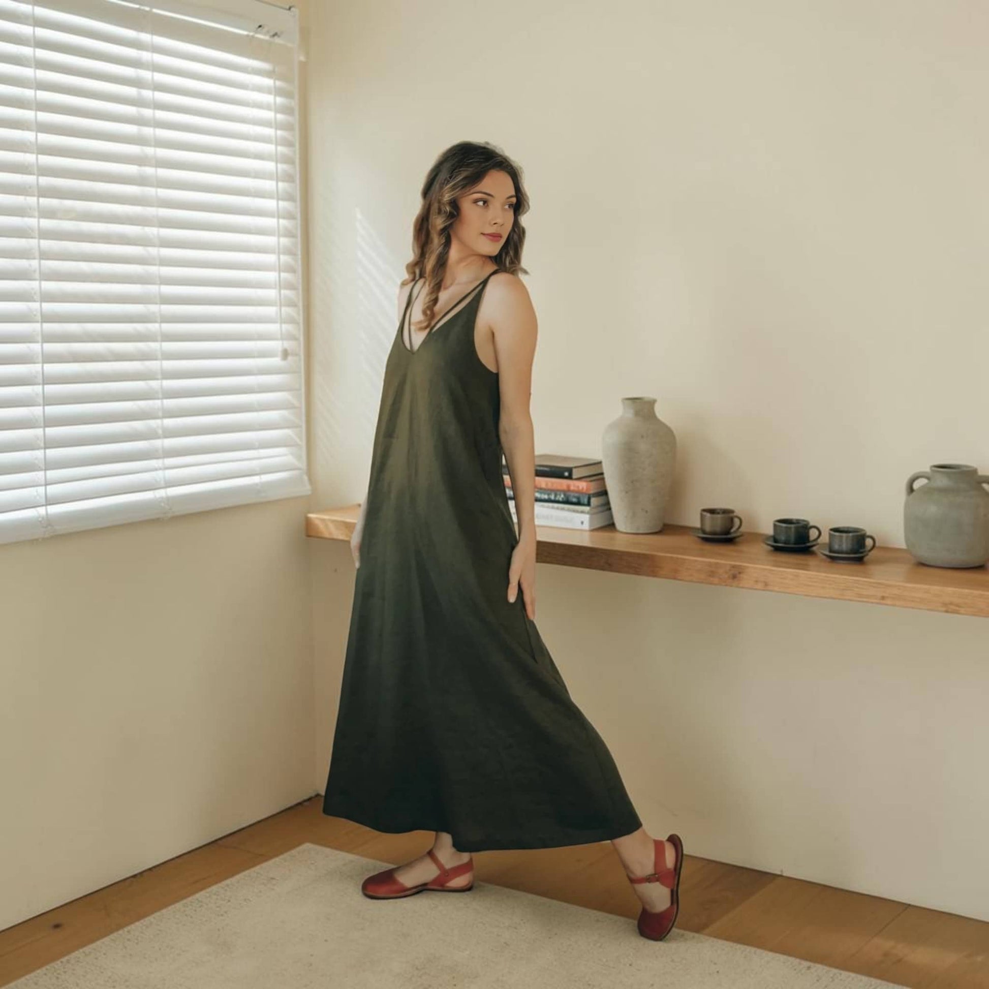 Linen Strappy V-Neck Maxi Dress, Side Pocket