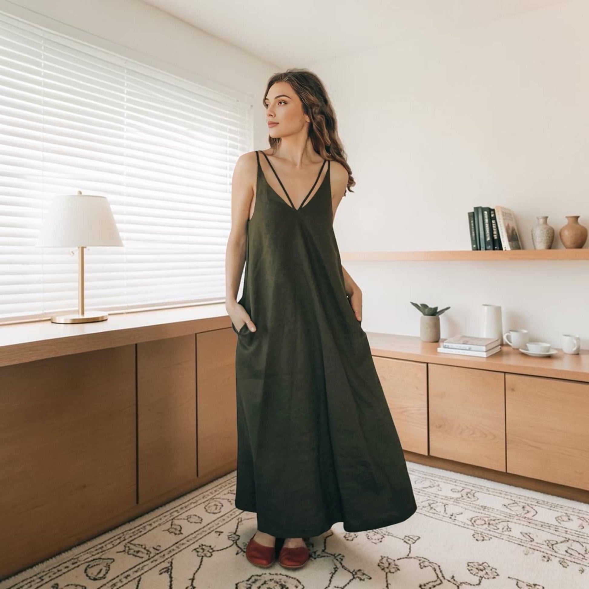 Linen Strappy V-Neck Maxi Dress, Side Pocket
