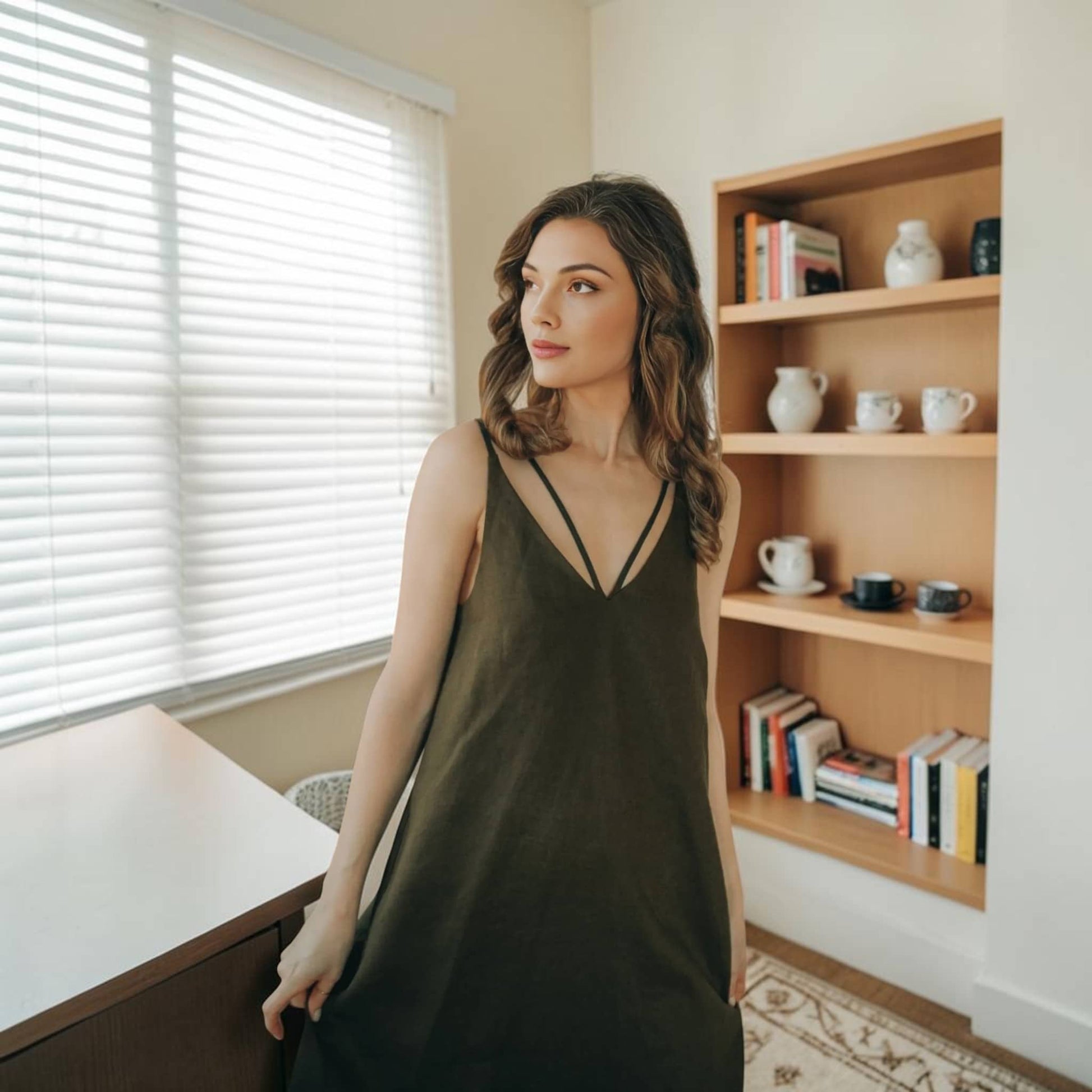 Linen Strappy V-Neck Maxi Dress, Side Pocket