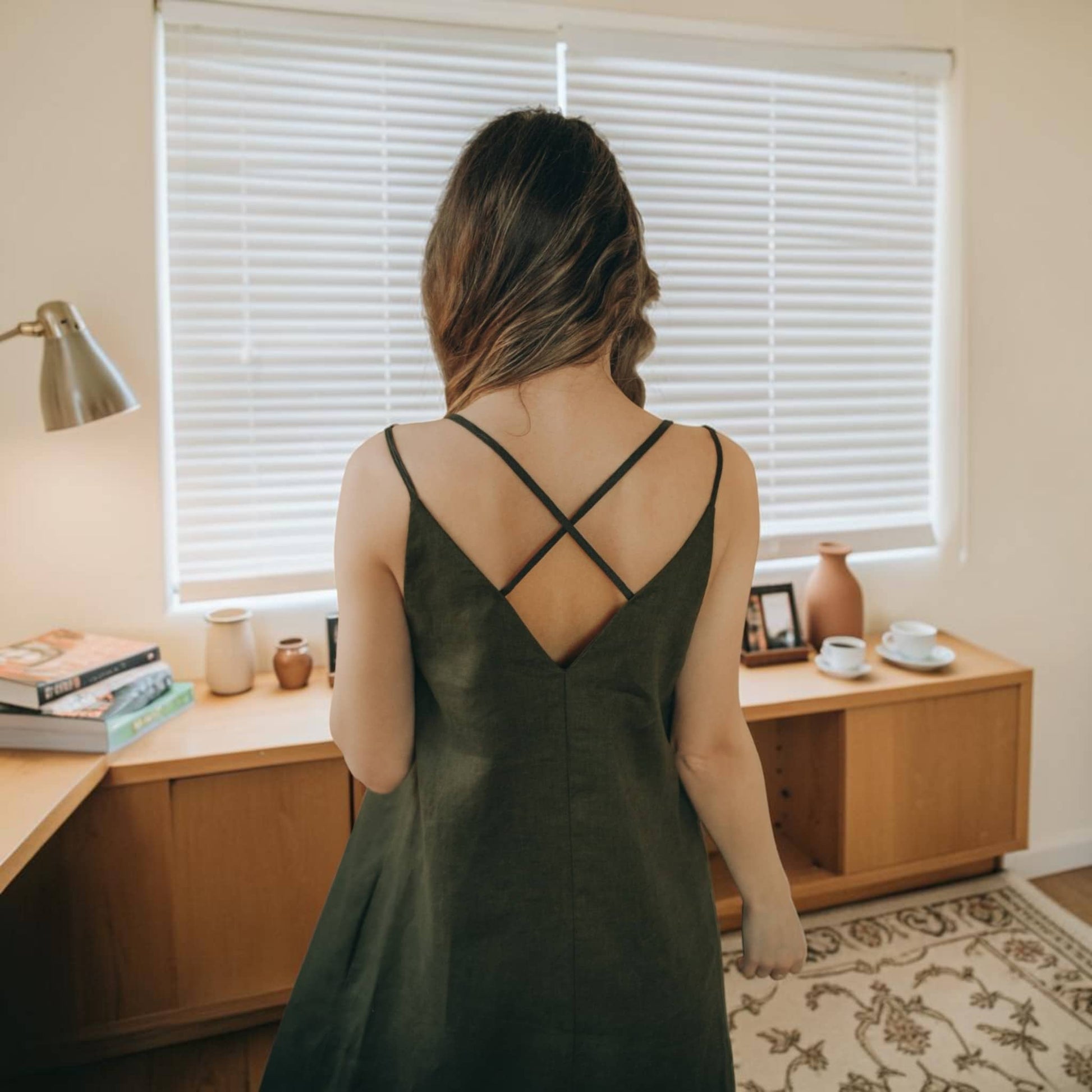 Linen Strappy V-Neck Maxi Dress, Side Pocket