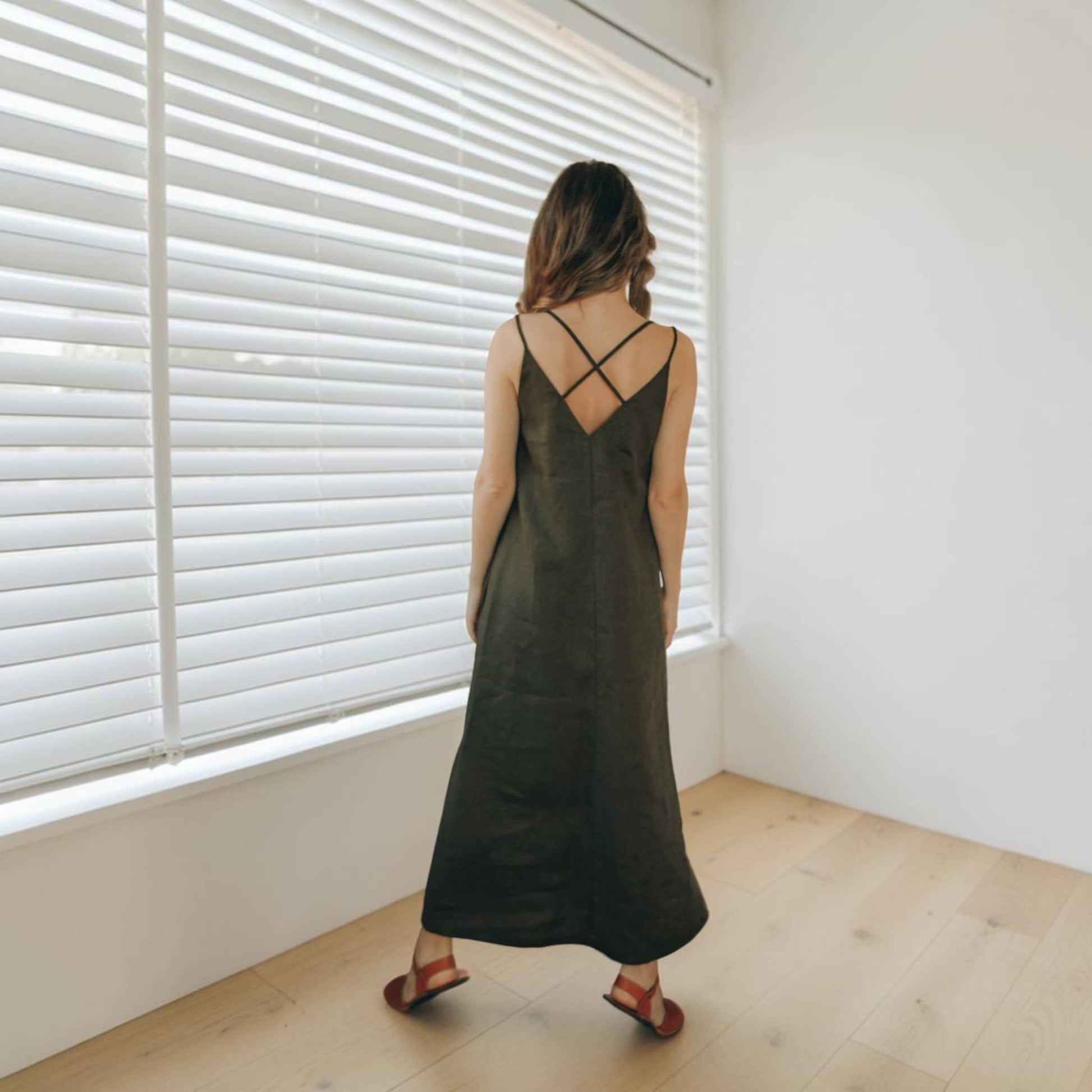 Linen Strappy V-Neck Maxi Dress, Side Pocket