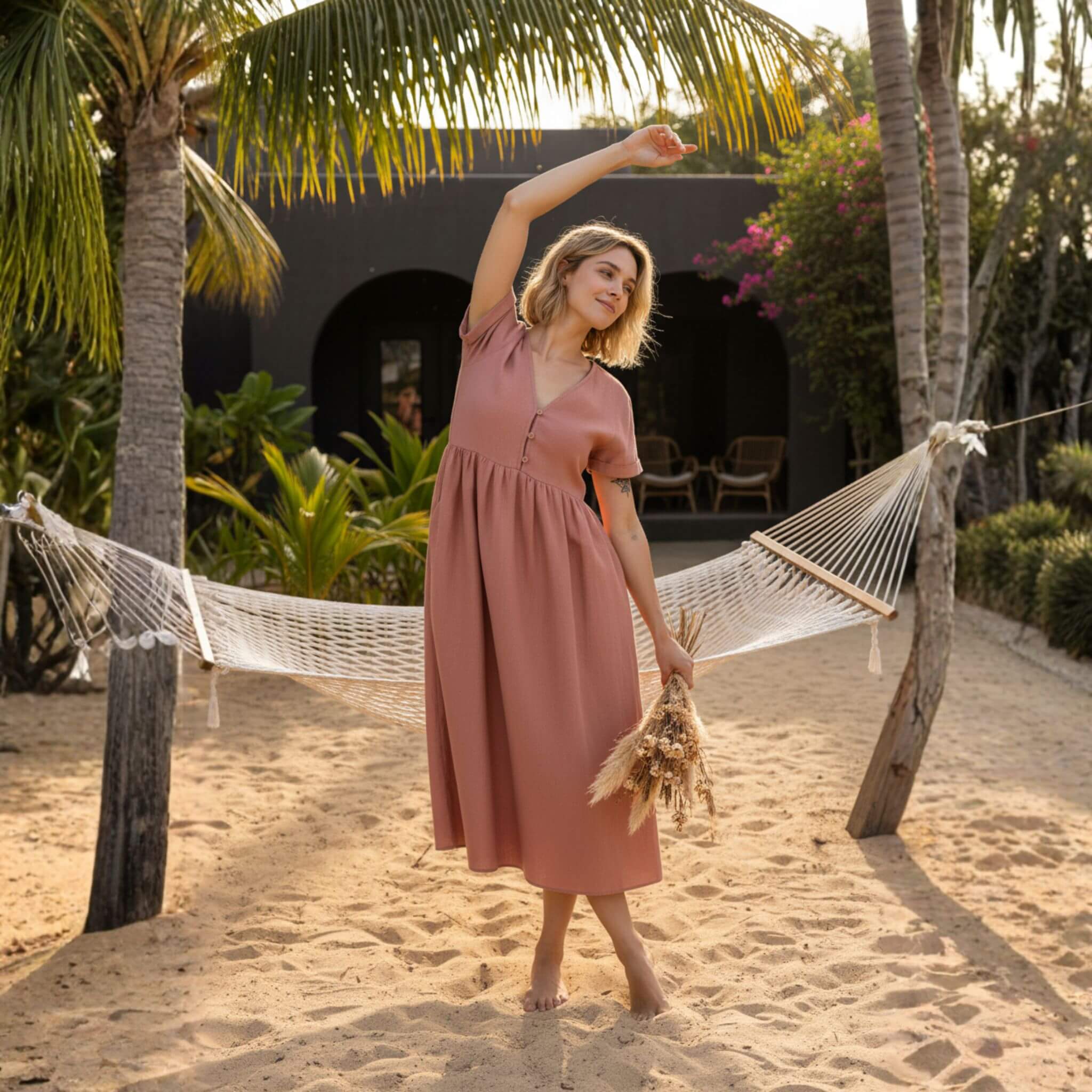 Linen Summer Dresses, V Neck Midi Dress