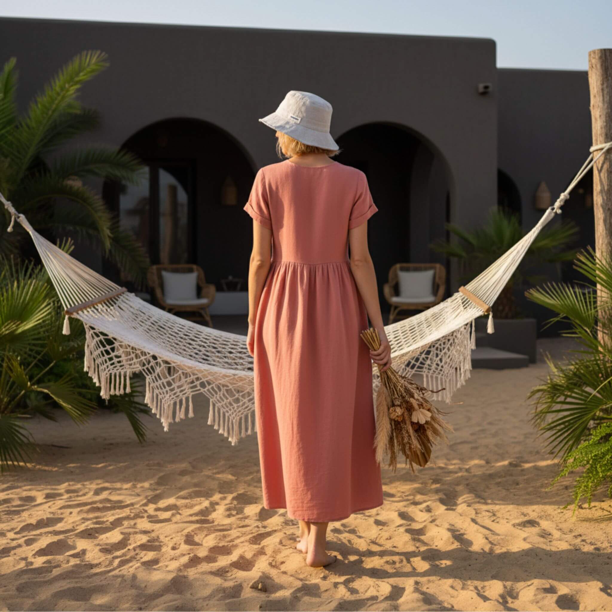 Linen Summer Dresses, V Neck Midi Dress