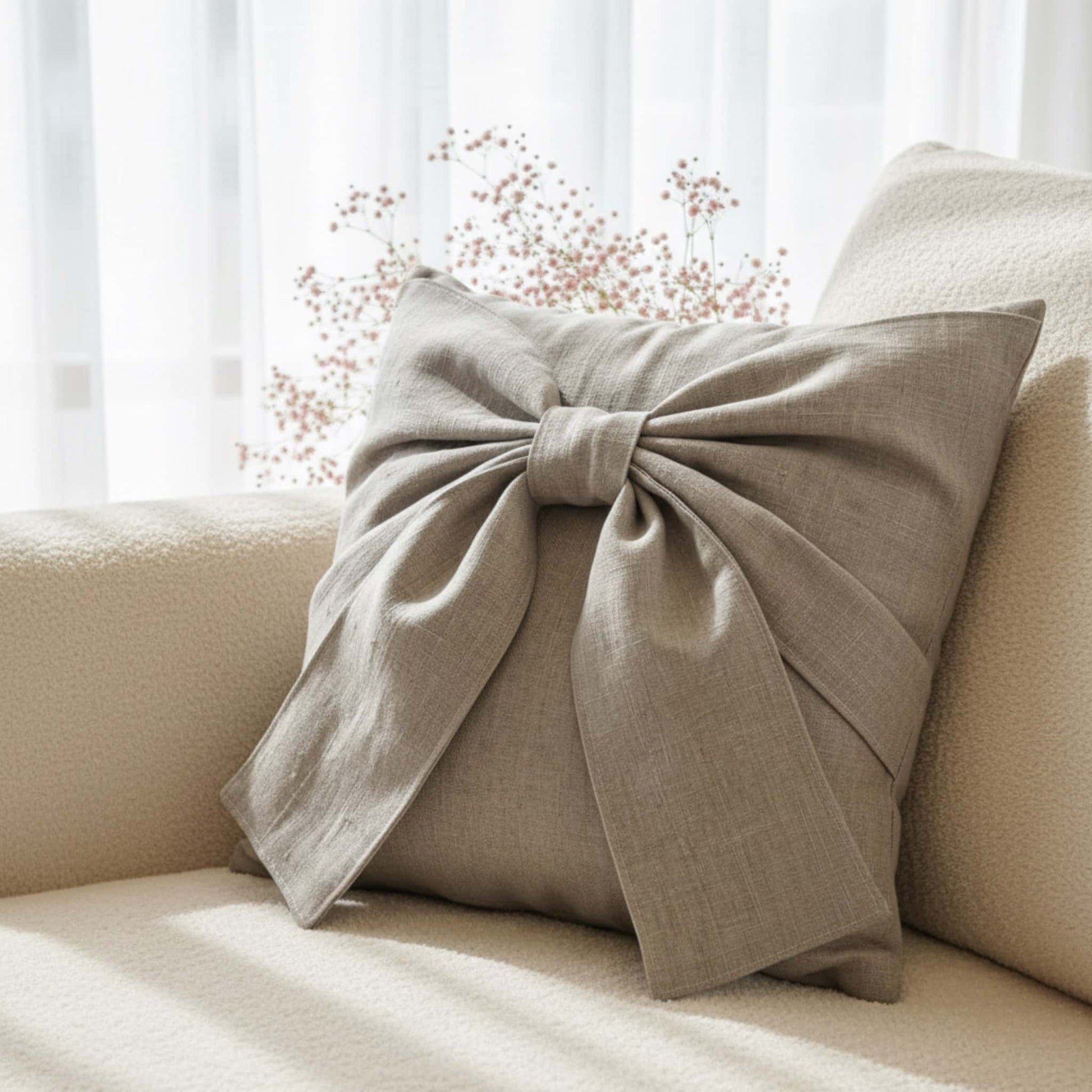Linen Throw Pillow Cover, Bow Pillow Cover