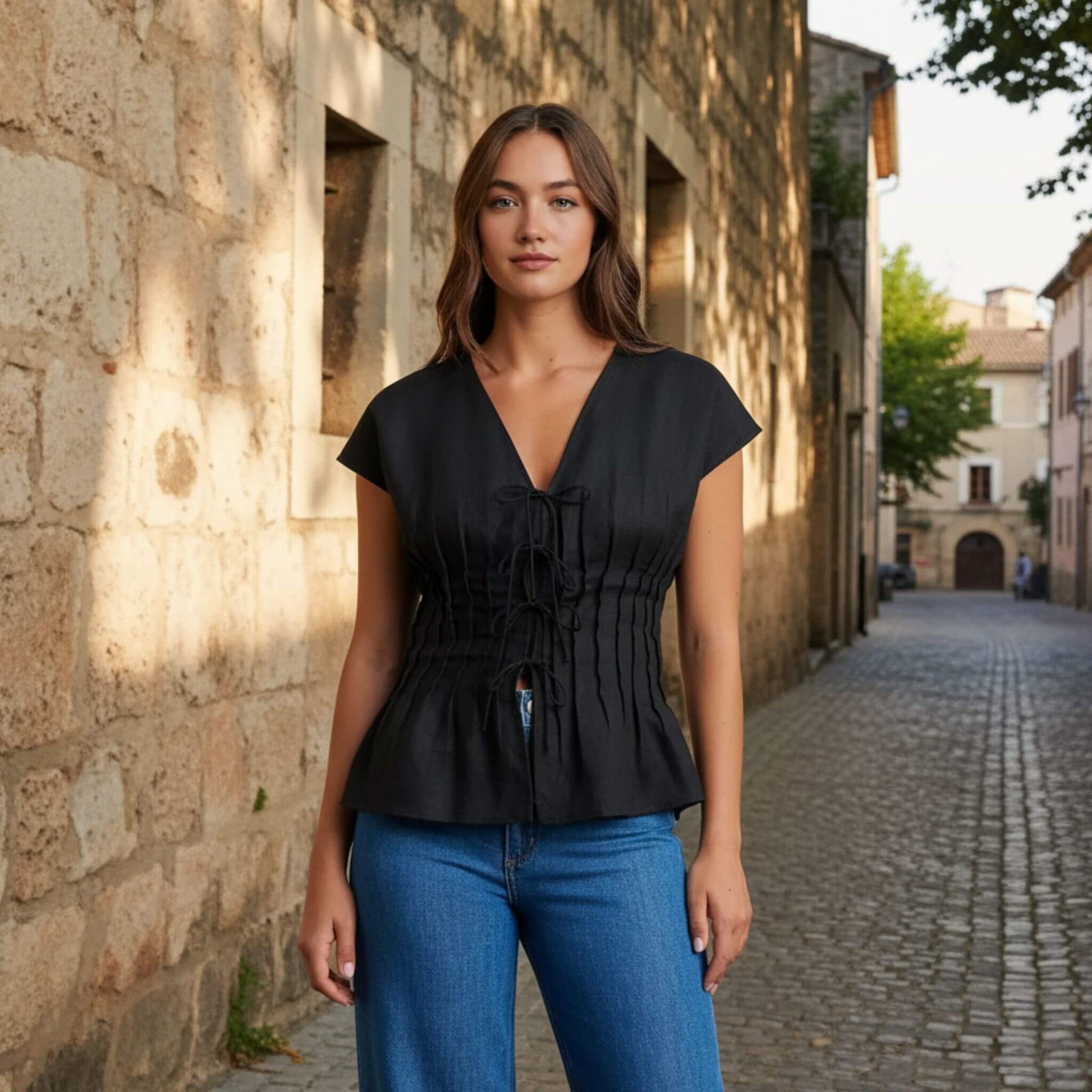 Linen Tie Front Top, V Neck Linen Top