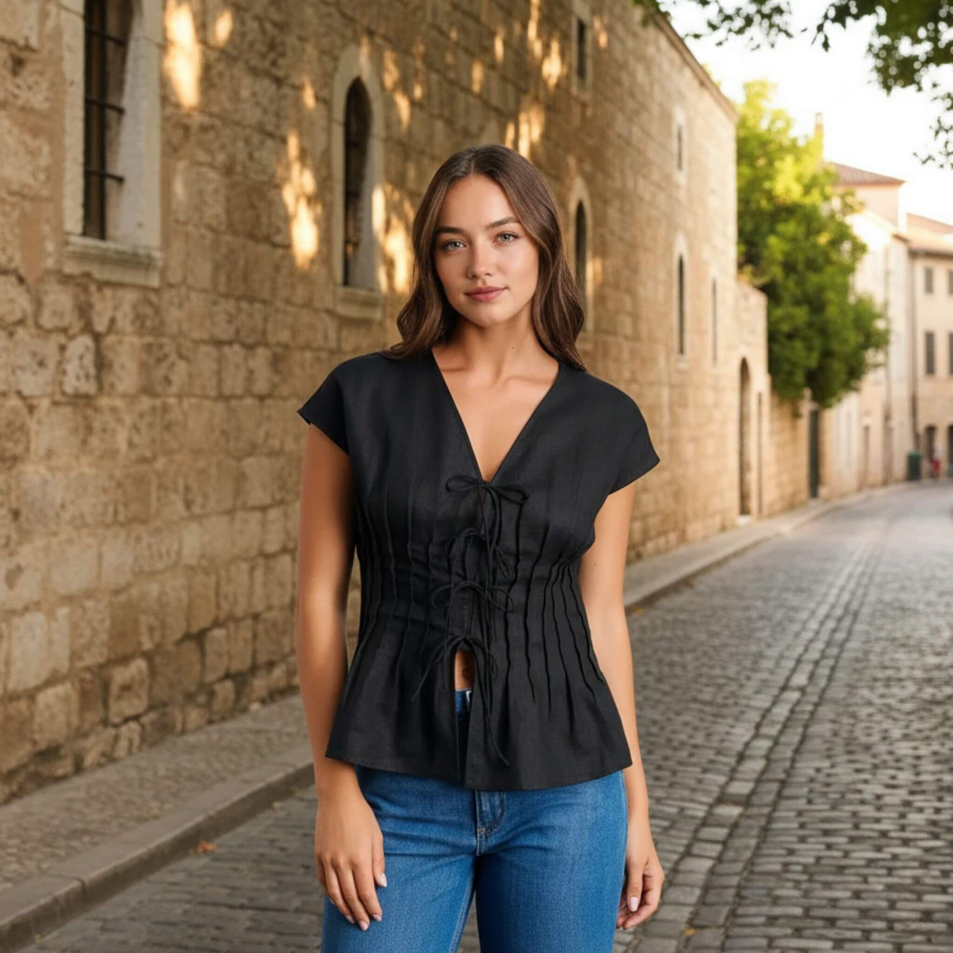 Linen Tie Front Top, V Neck Linen Top