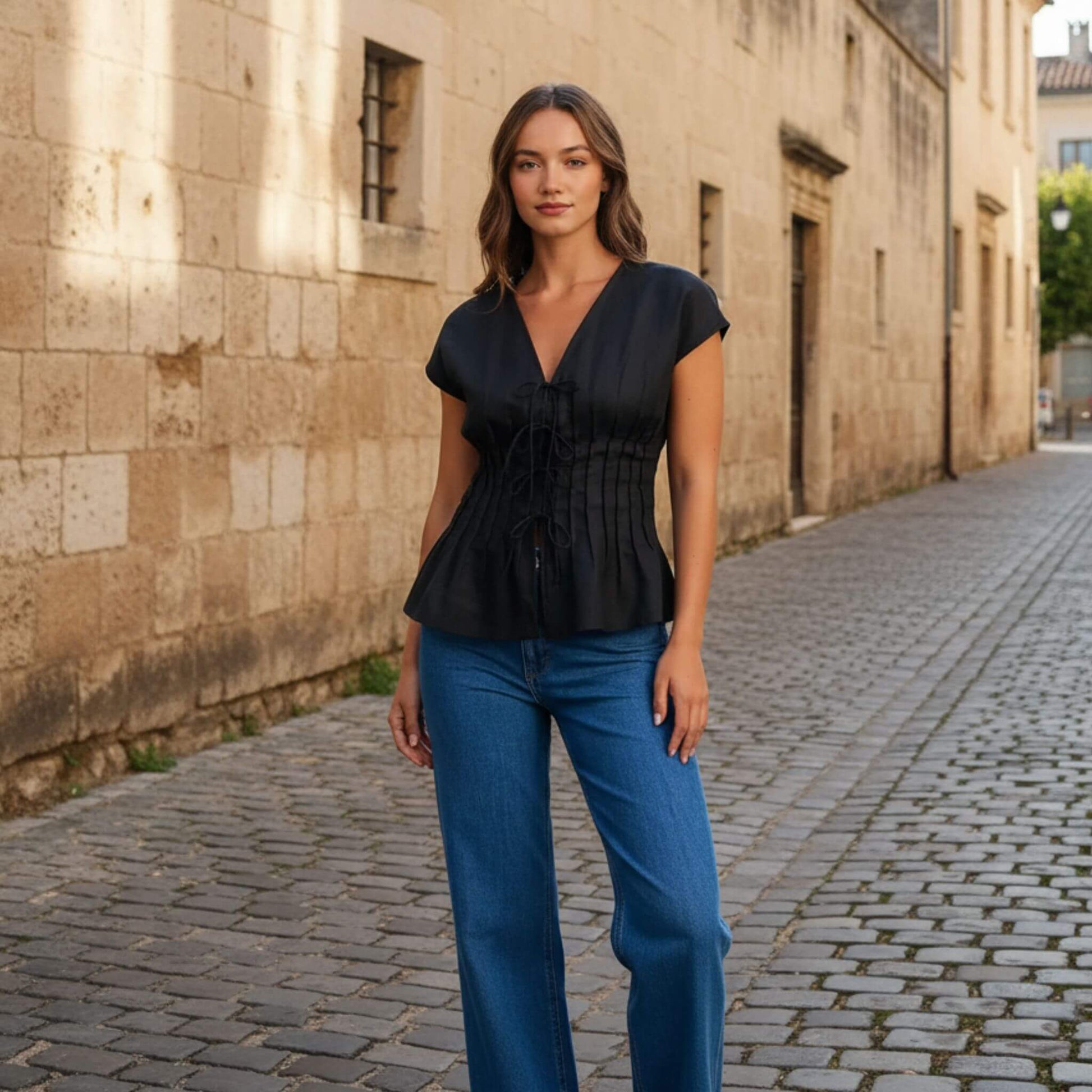 Linen Tie Front Top, V Neck Linen Top