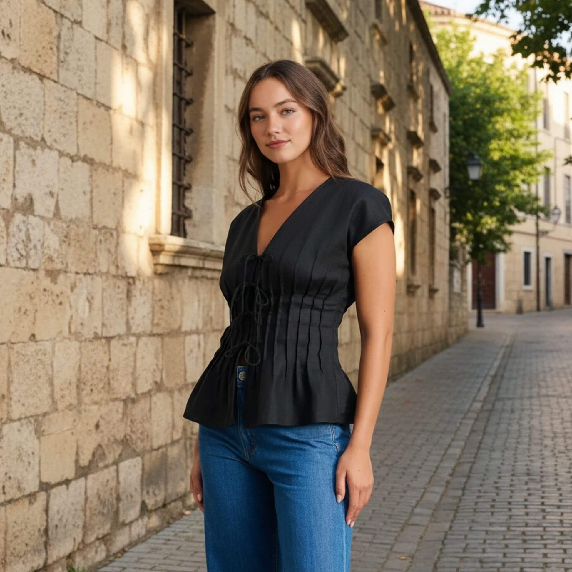 Linen Tie Front Top, V Neck Linen Top