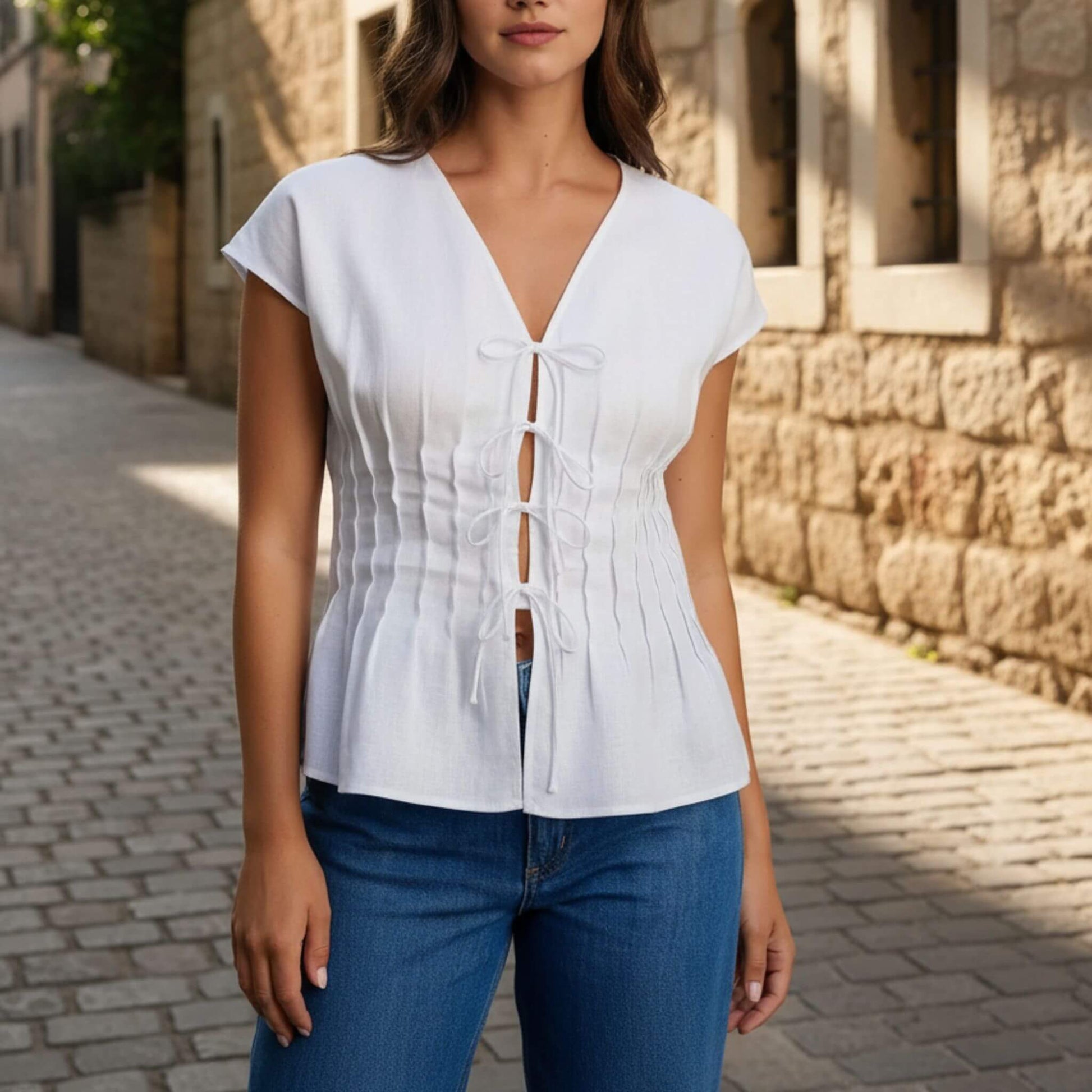 Linen Tie Front Top, V Neck Linen Top