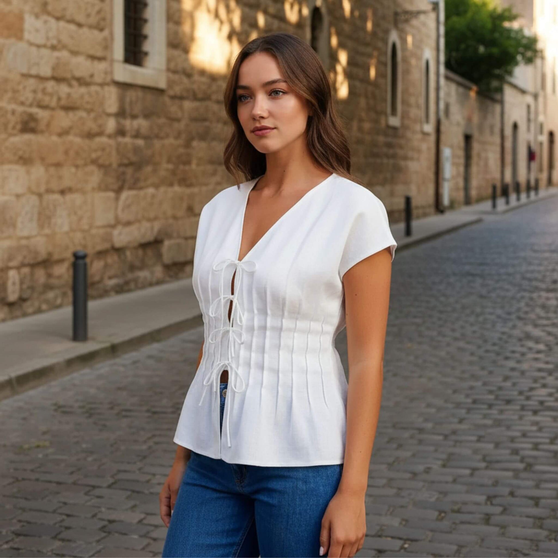 Linen Tie Front Top, V Neck Linen Top