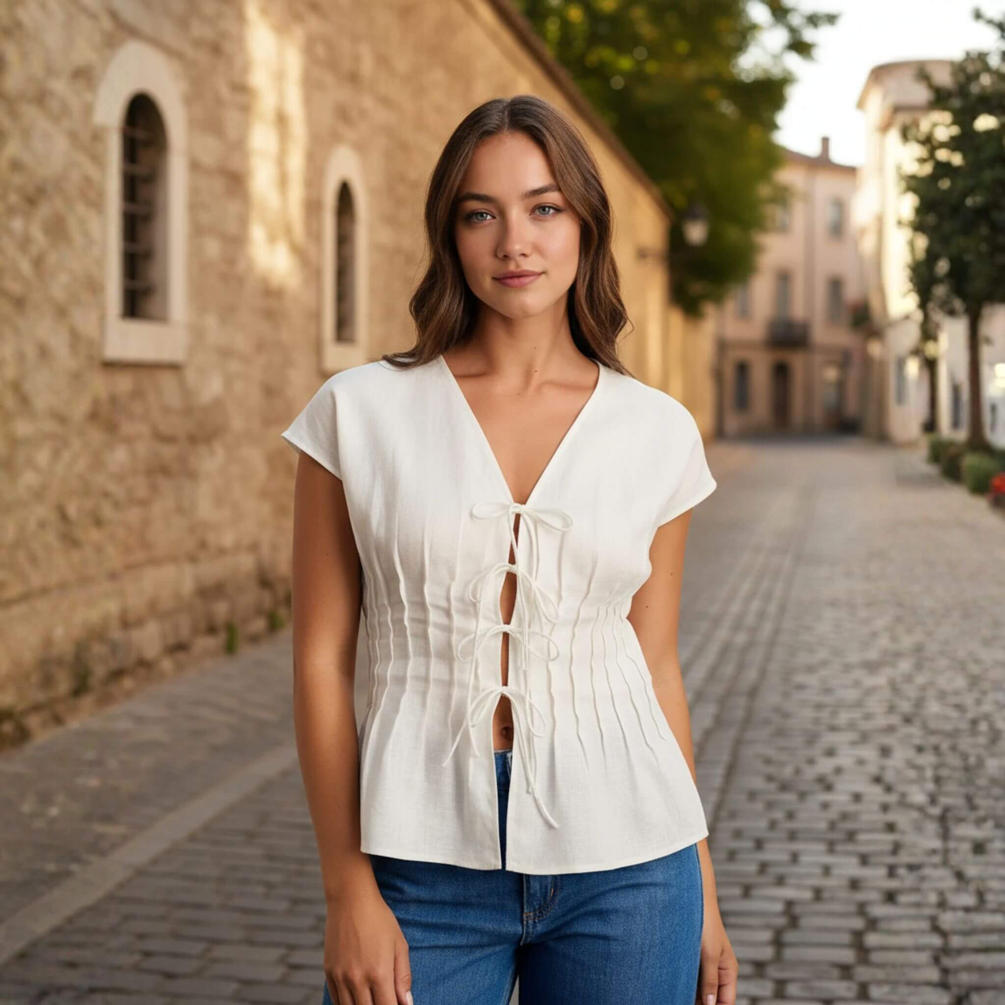 Linen Tie Front Top, V Neck Linen Top