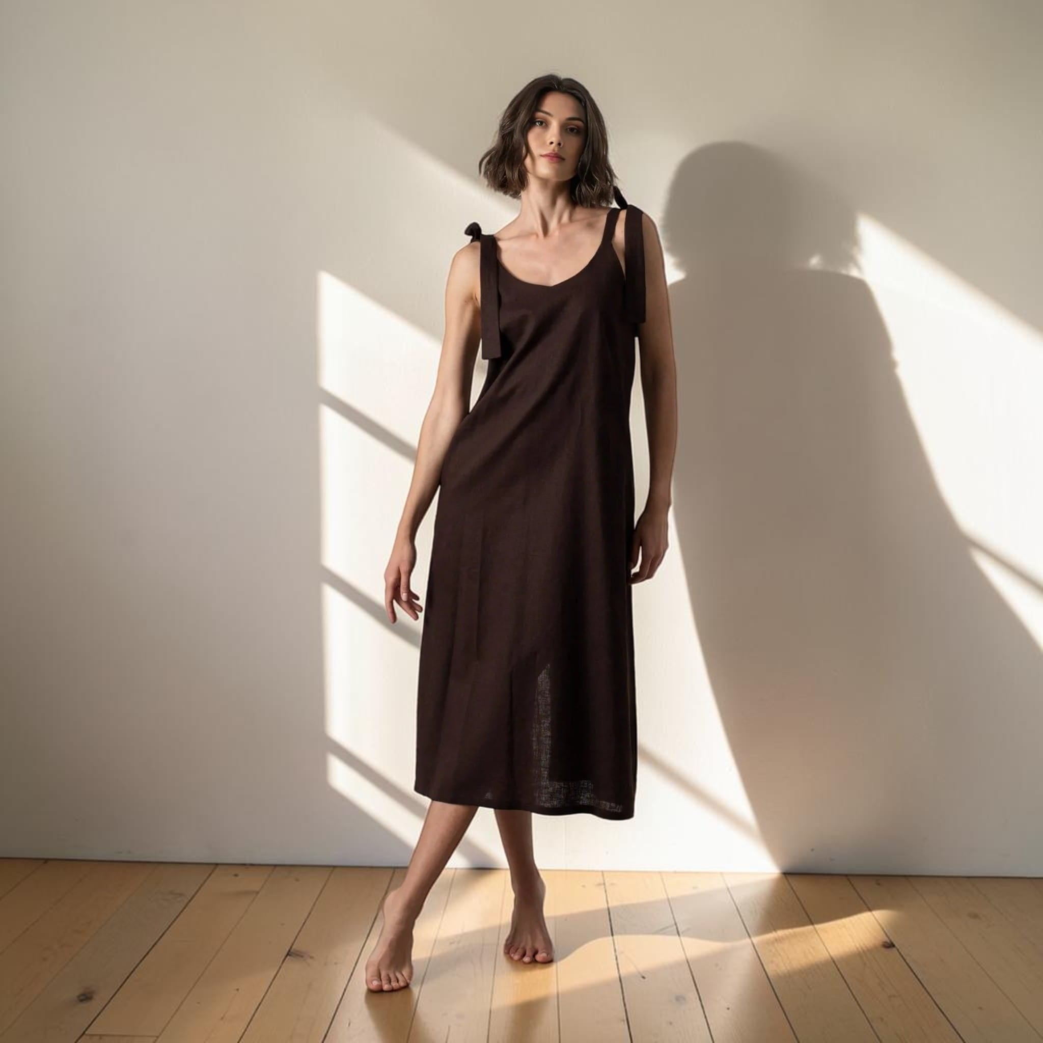 Linen Tie Shoulder Midi Dress, Scoop Neck