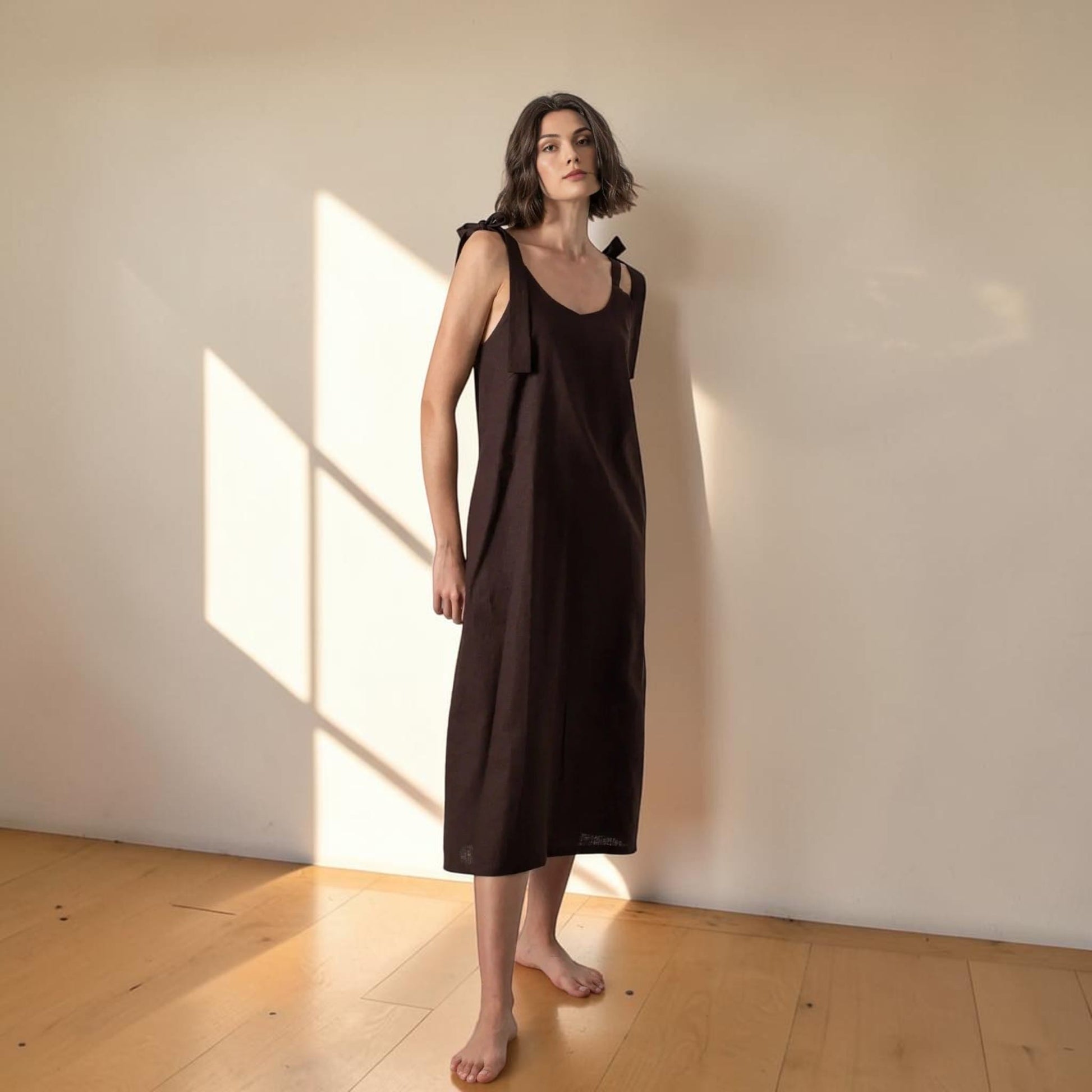 Linen Tie Shoulder Midi Dress, Scoop Neck