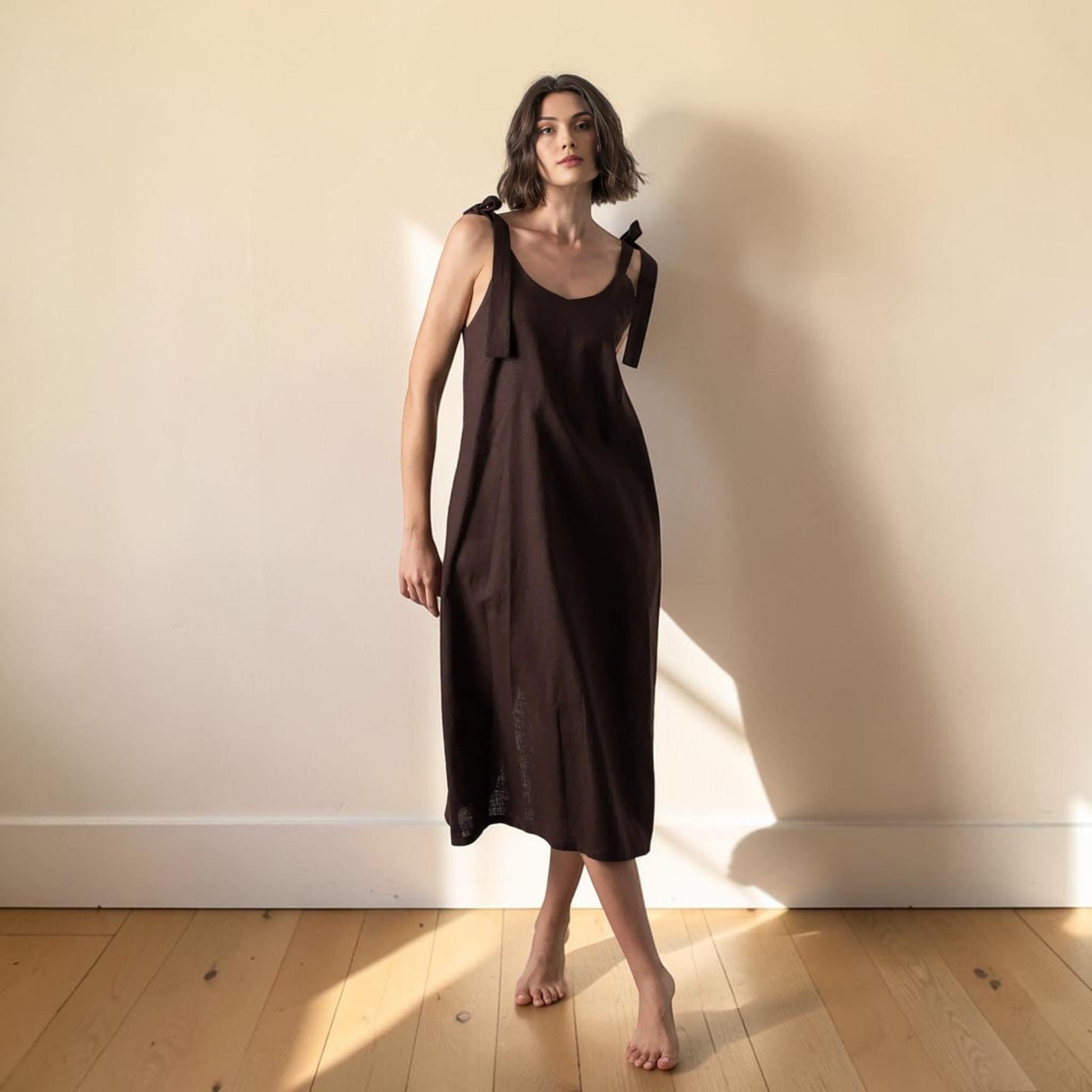 Linen Tie Shoulder Midi Dress, Scoop Neck