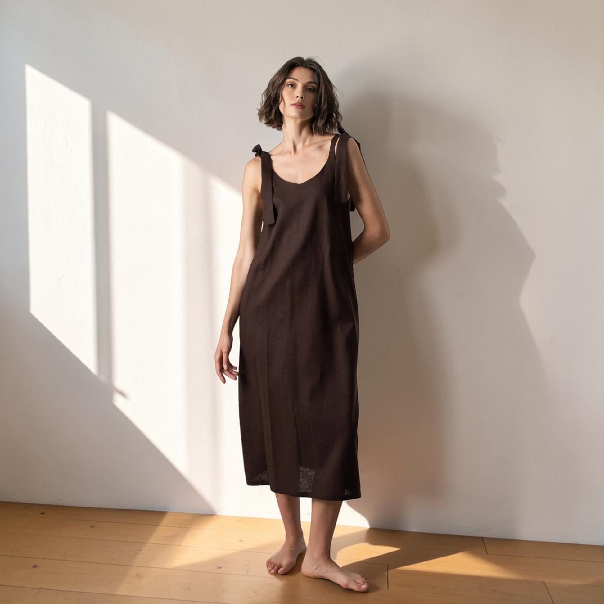 Linen Tie Shoulder Midi Dress, Scoop Neck