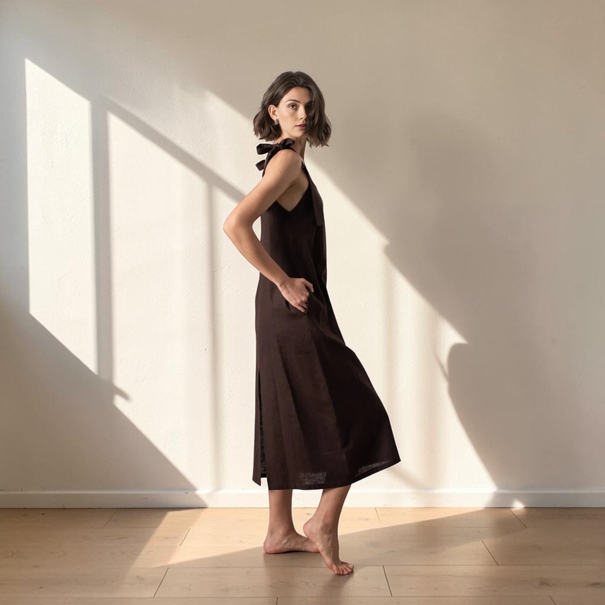 Linen Tie Shoulder Midi Dress, Scoop Neck