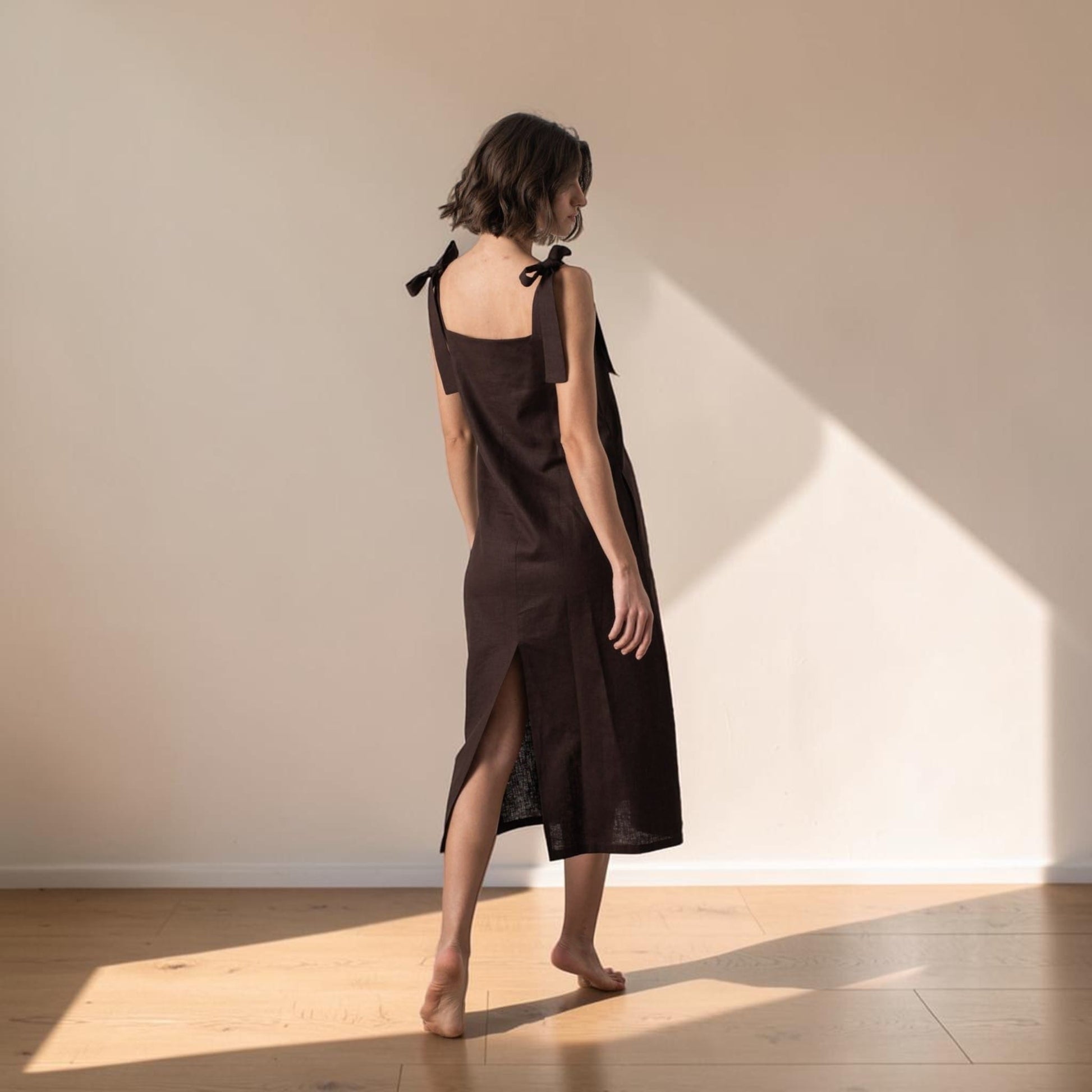 Linen Tie Shoulder Midi Dress, Scoop Neck