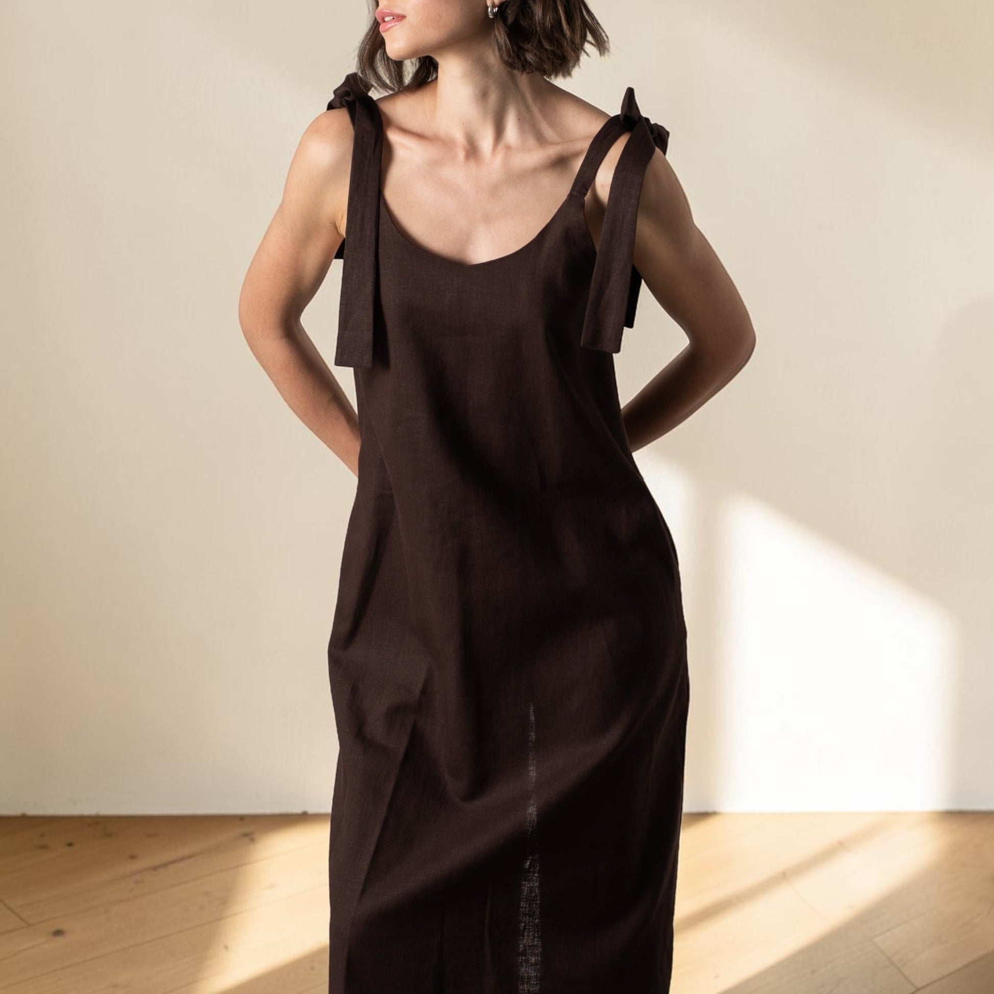 Linen Tie Shoulder Midi Dress, Scoop Neck
