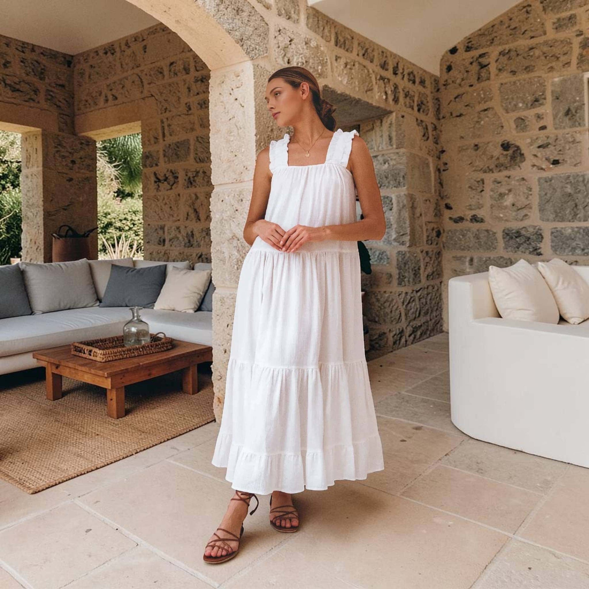 Linen Tiered Maxi Dress, Square Neck Ruffle Strap