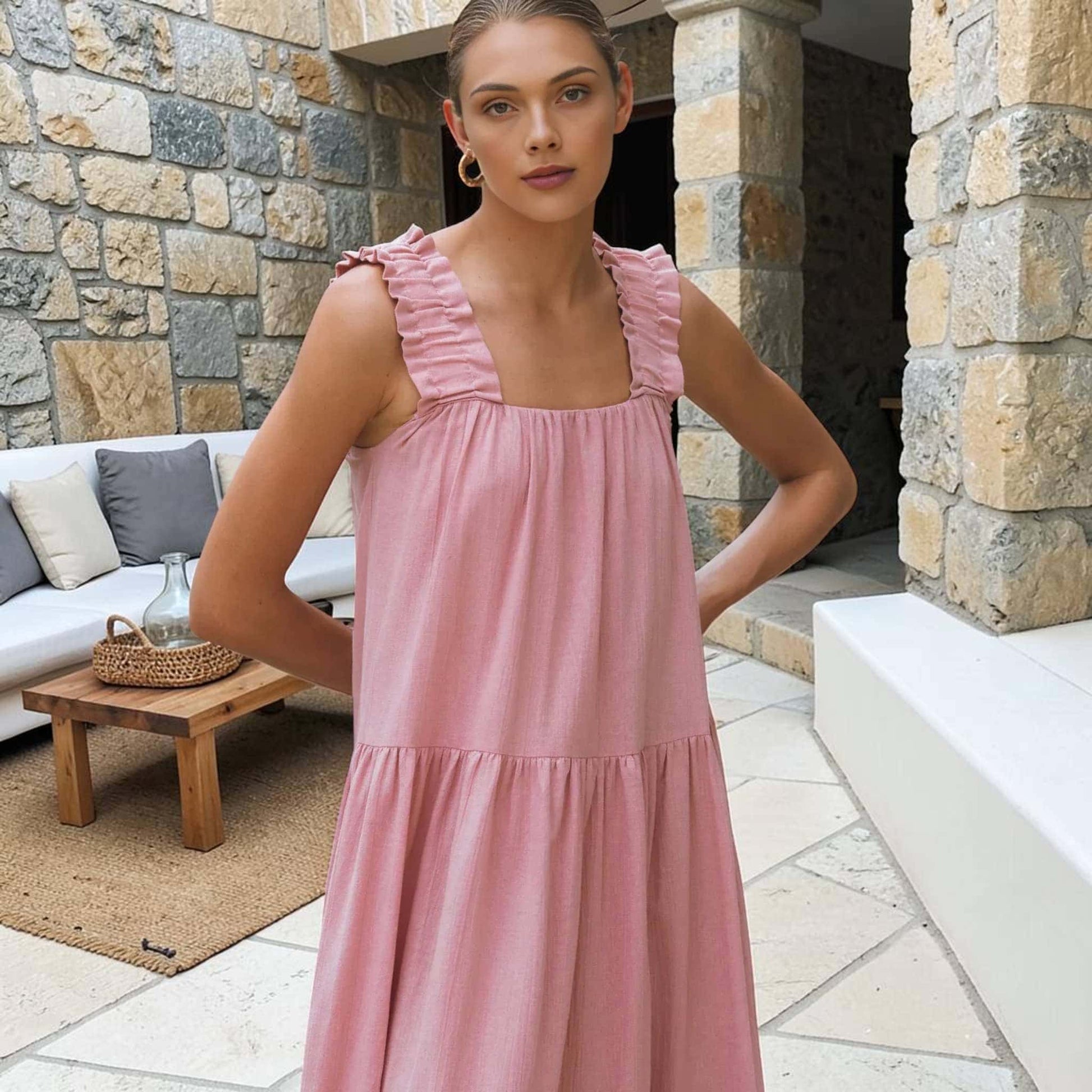 Linen Tiered Maxi Dress, Square Neck Ruffle Strap