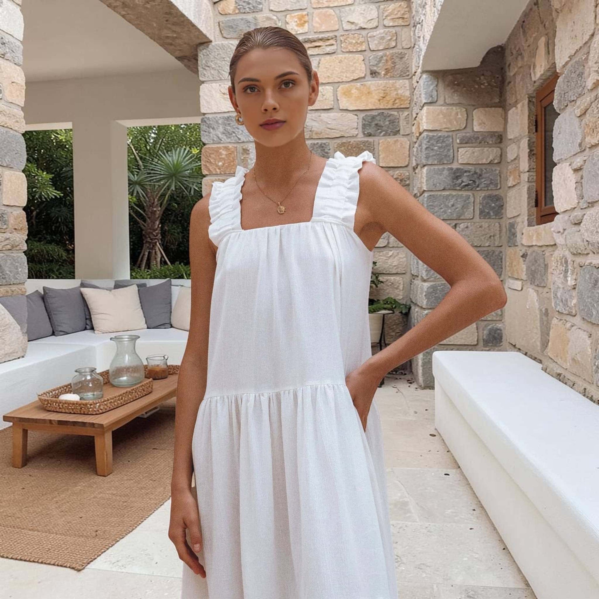 Linen Tiered Maxi Dress, Square Neck Ruffle Strap