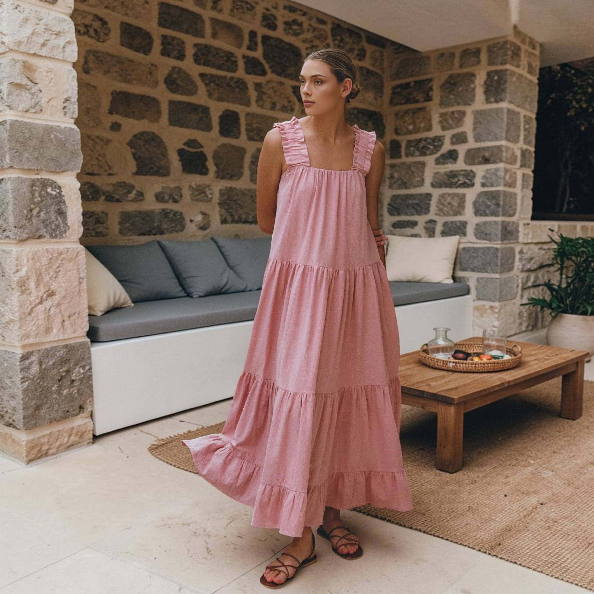 Linen Tiered Maxi Dress, Square Neck Ruffle Strap