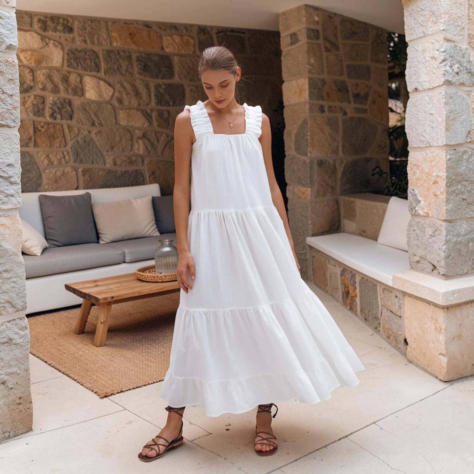 Linen Tiered Maxi Dress, Square Neck Ruffle Strap