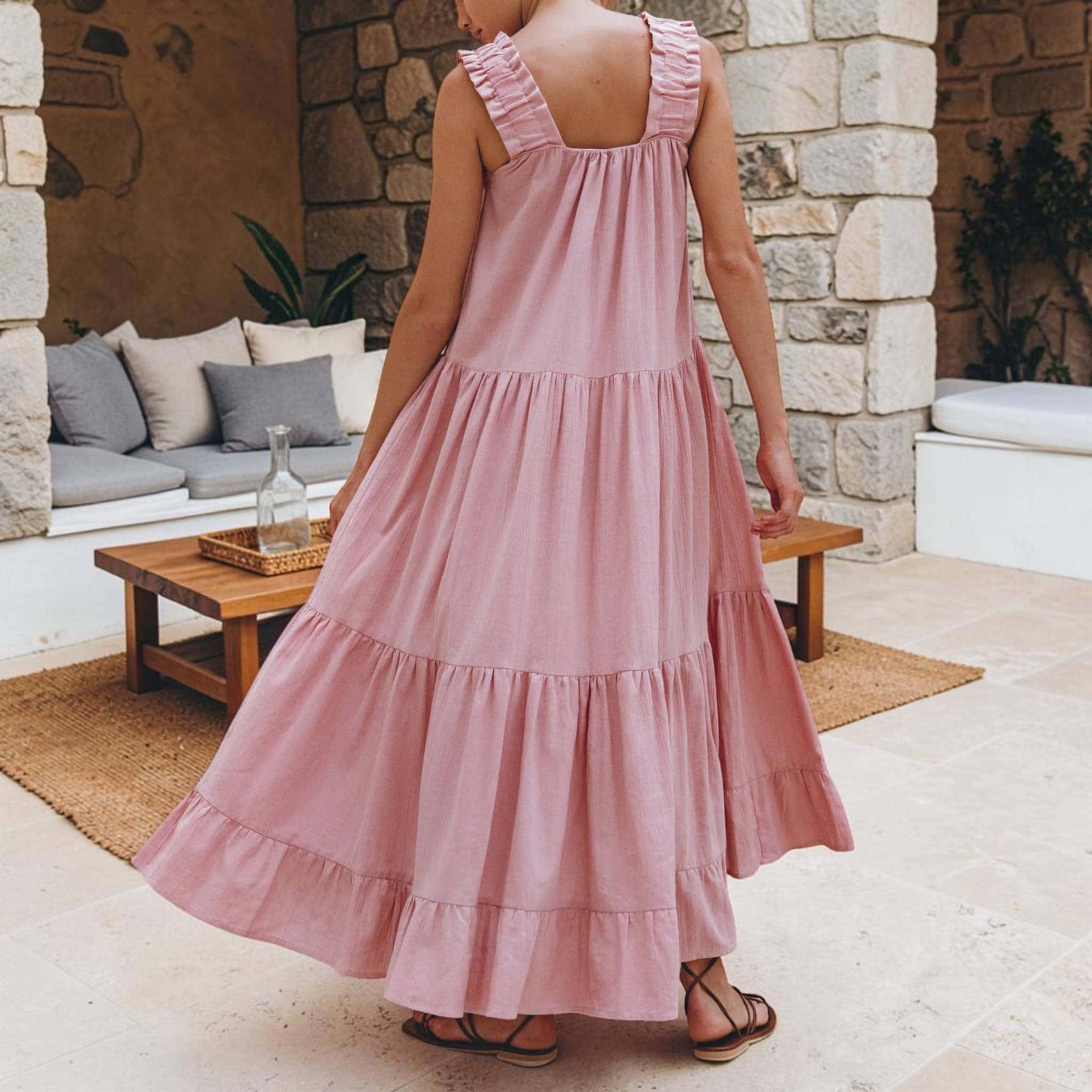 Linen Tiered Maxi Dress, Square Neck Ruffle Strap
