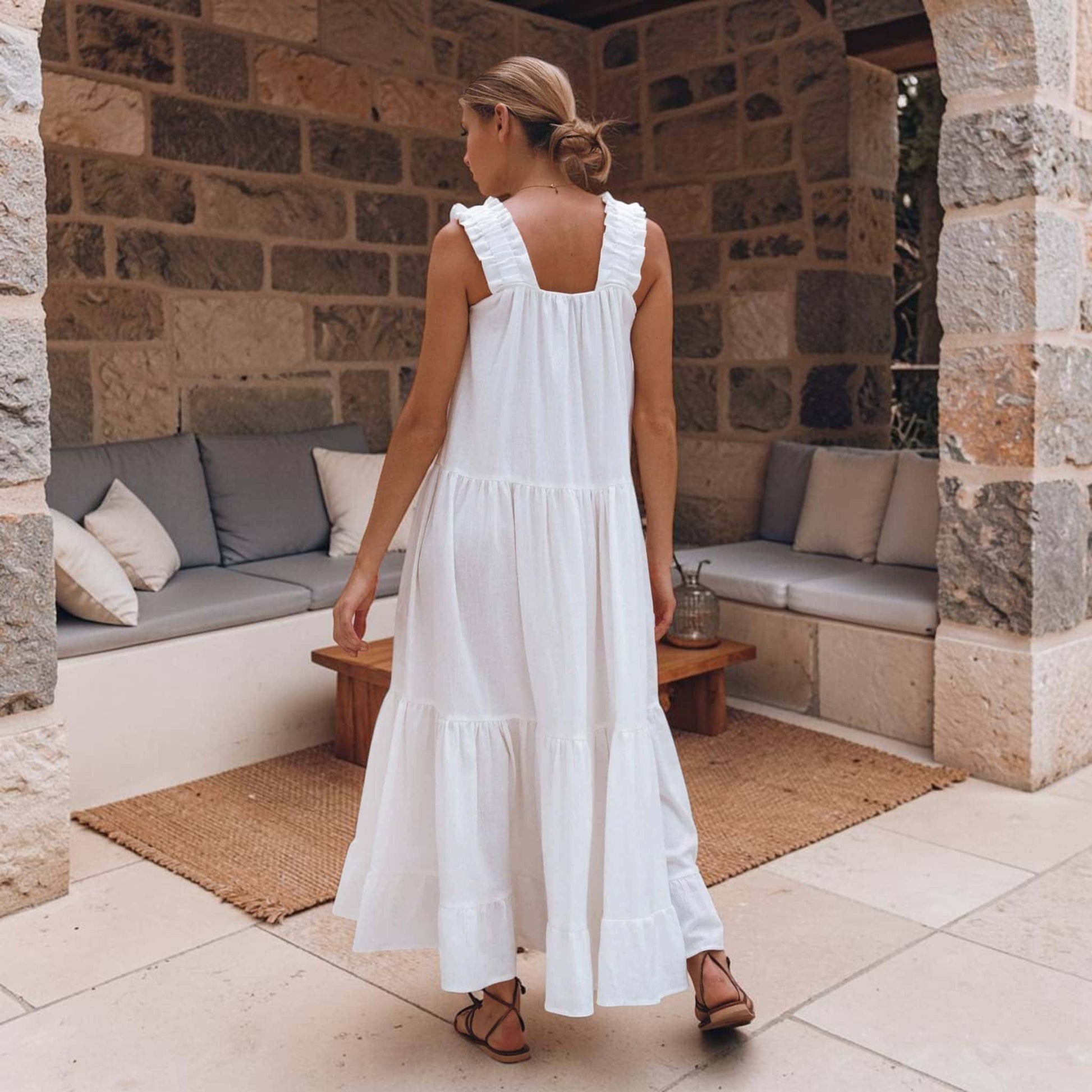 Linen Tiered Maxi Dress, Square Neck Ruffle Strap