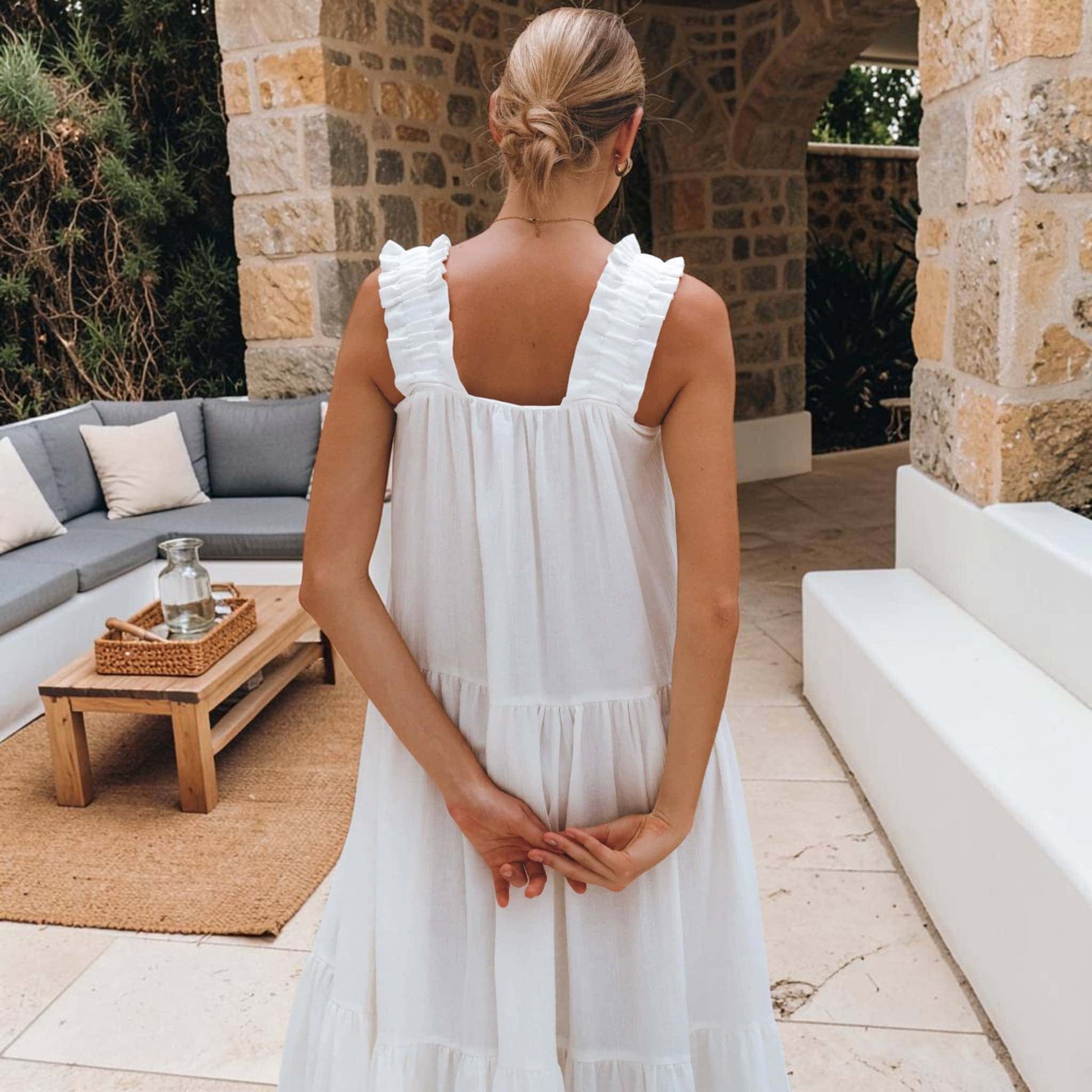 Linen Tiered Maxi Dress, Square Neck Ruffle Strap