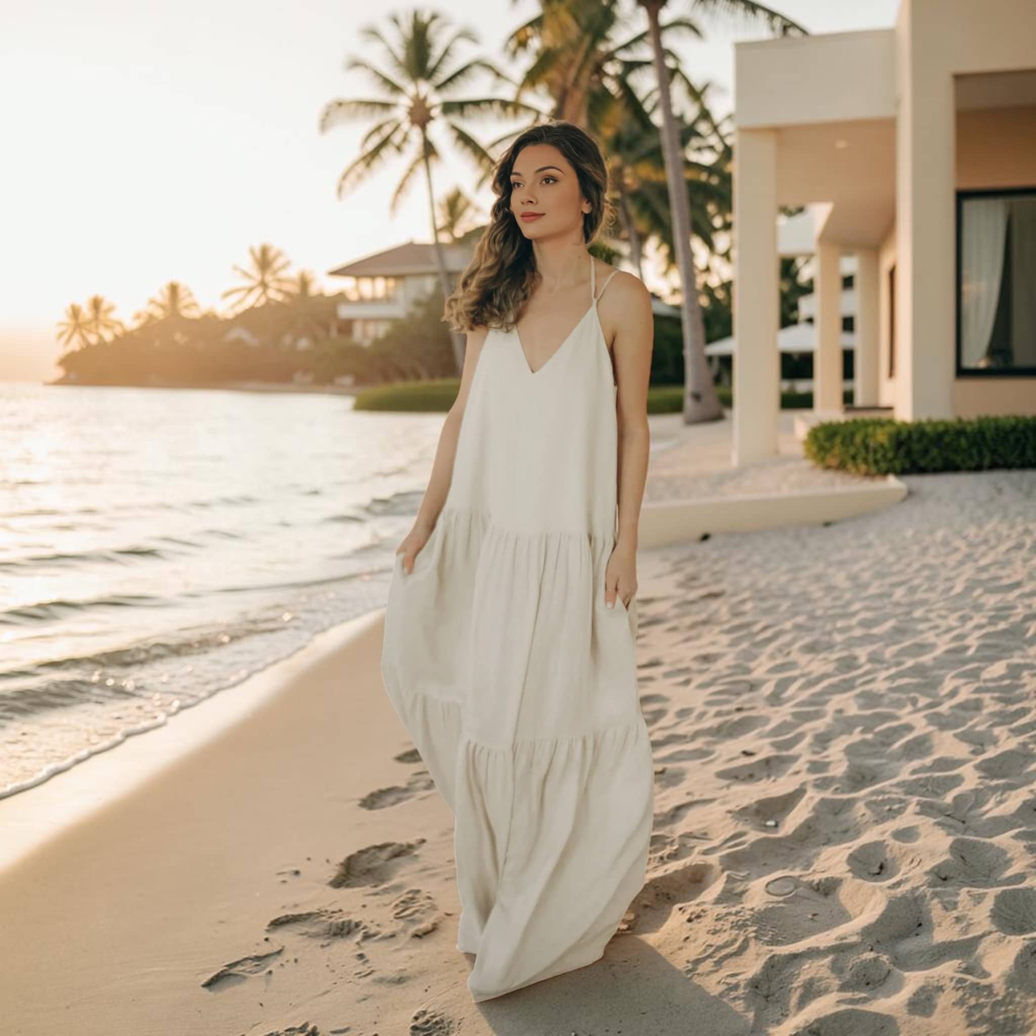 Linen Tiered Maxi Dress, Tie-Back Straps