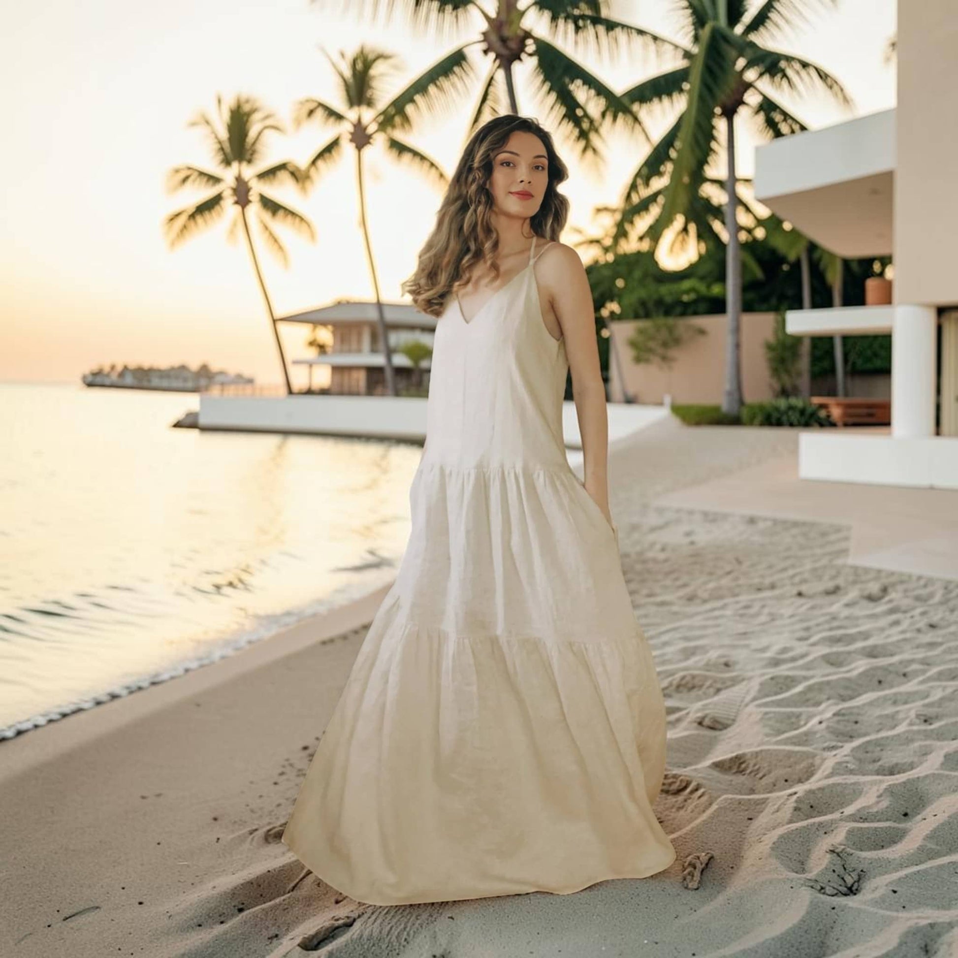 Linen Tiered Maxi Dress, Tie-Back Straps