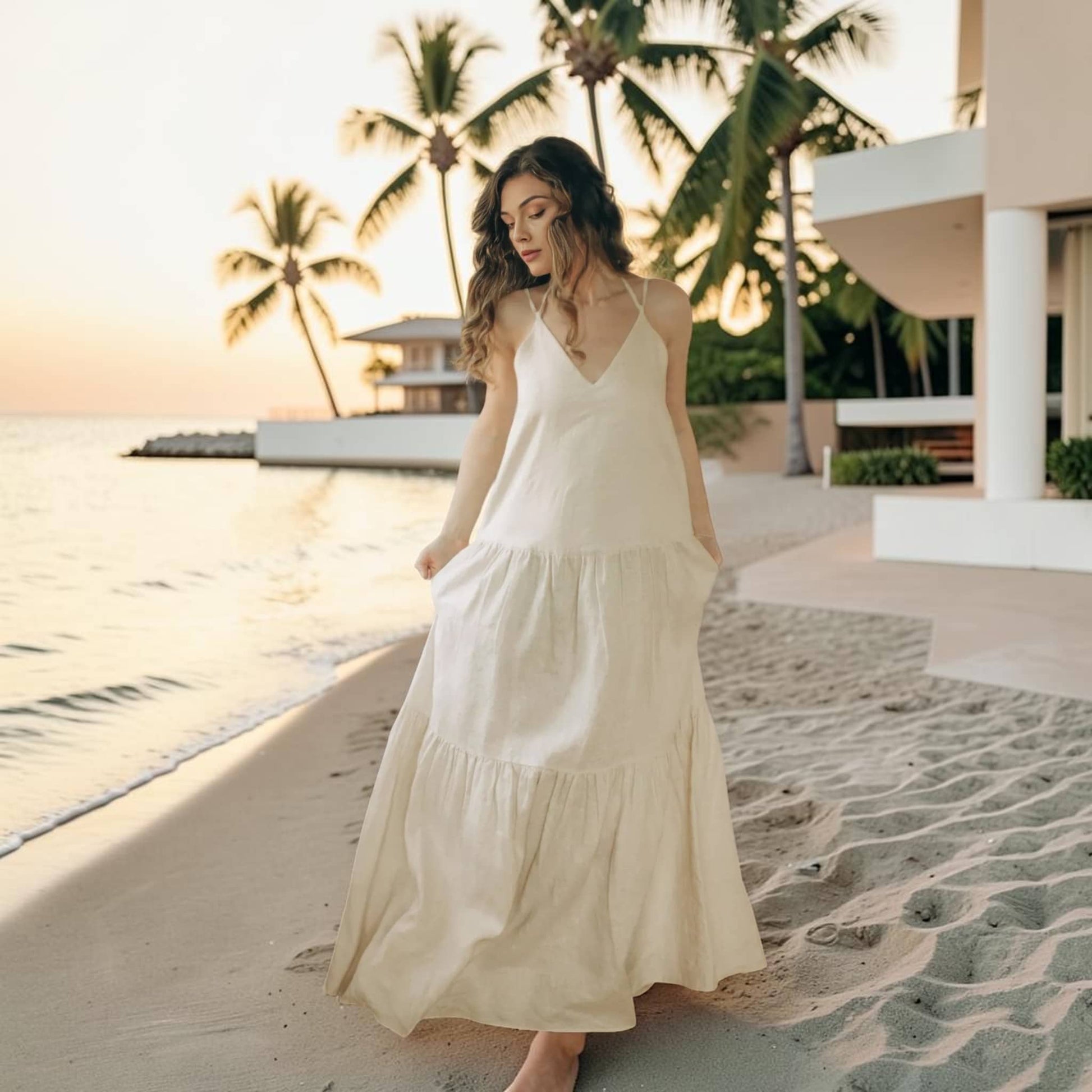 Linen Tiered Maxi Dress, Tie-Back Straps
