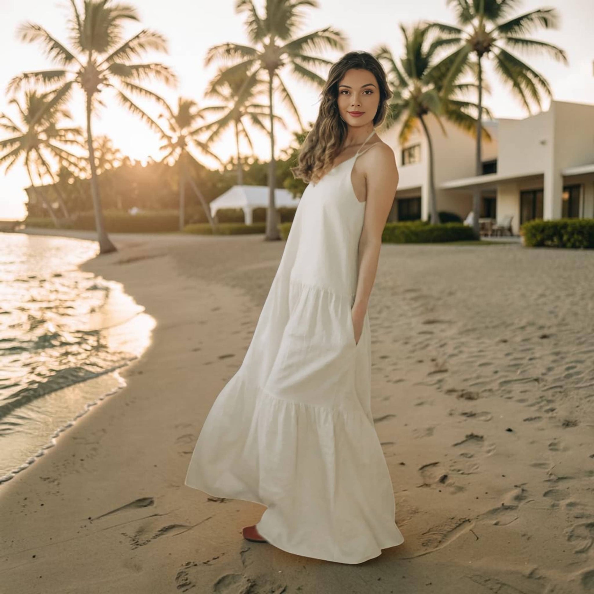 Linen Tiered Maxi Dress, Tie-Back Straps
