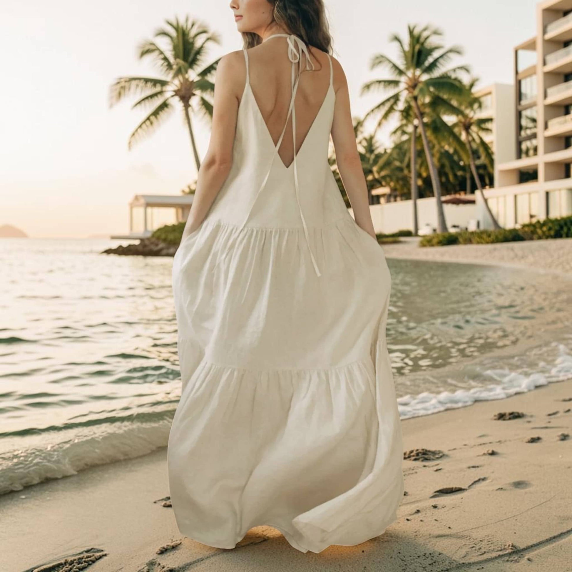 Linen Tiered Maxi Dress, Tie-Back Straps