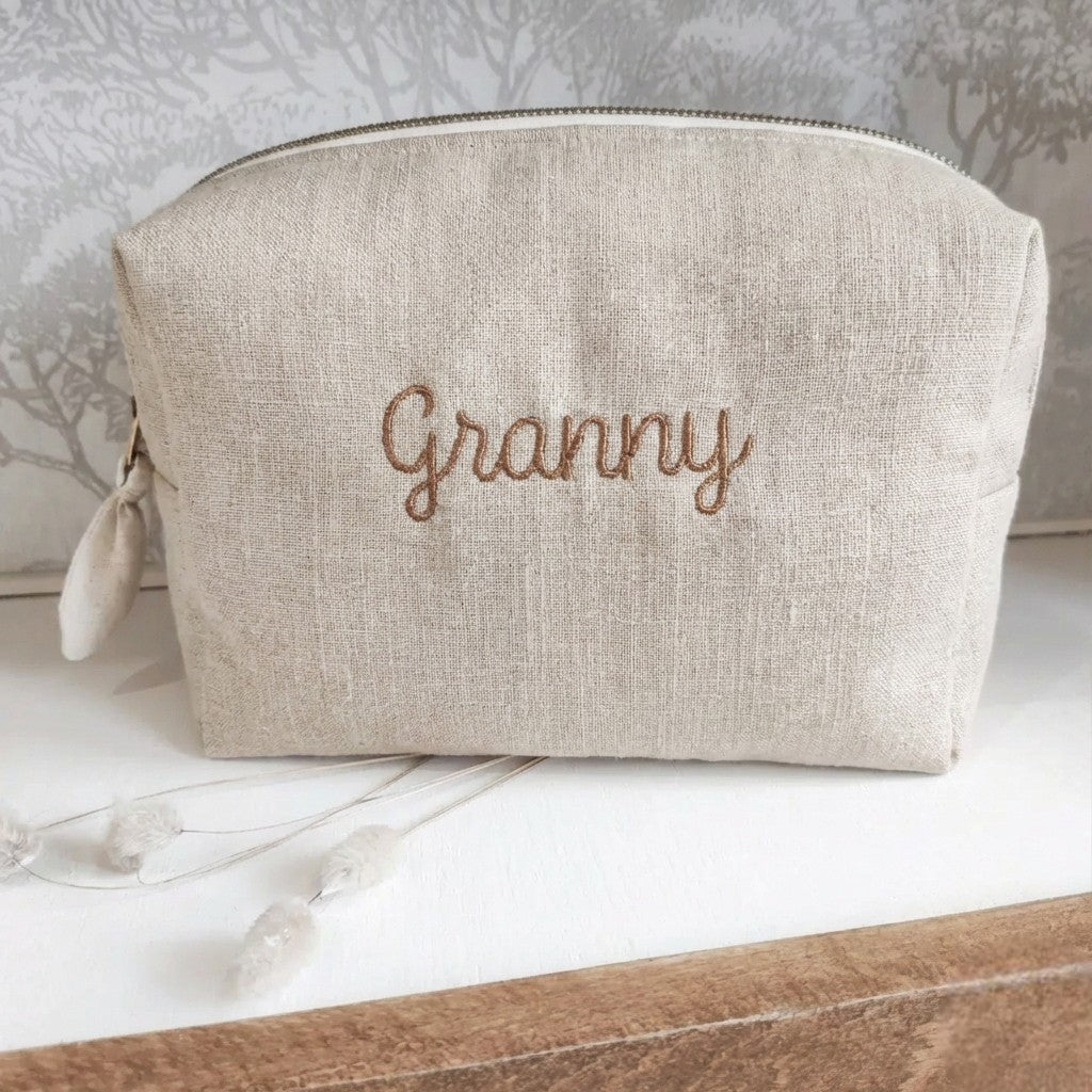 Linen Toiletry Bag, Embroidered Makeup Pouch