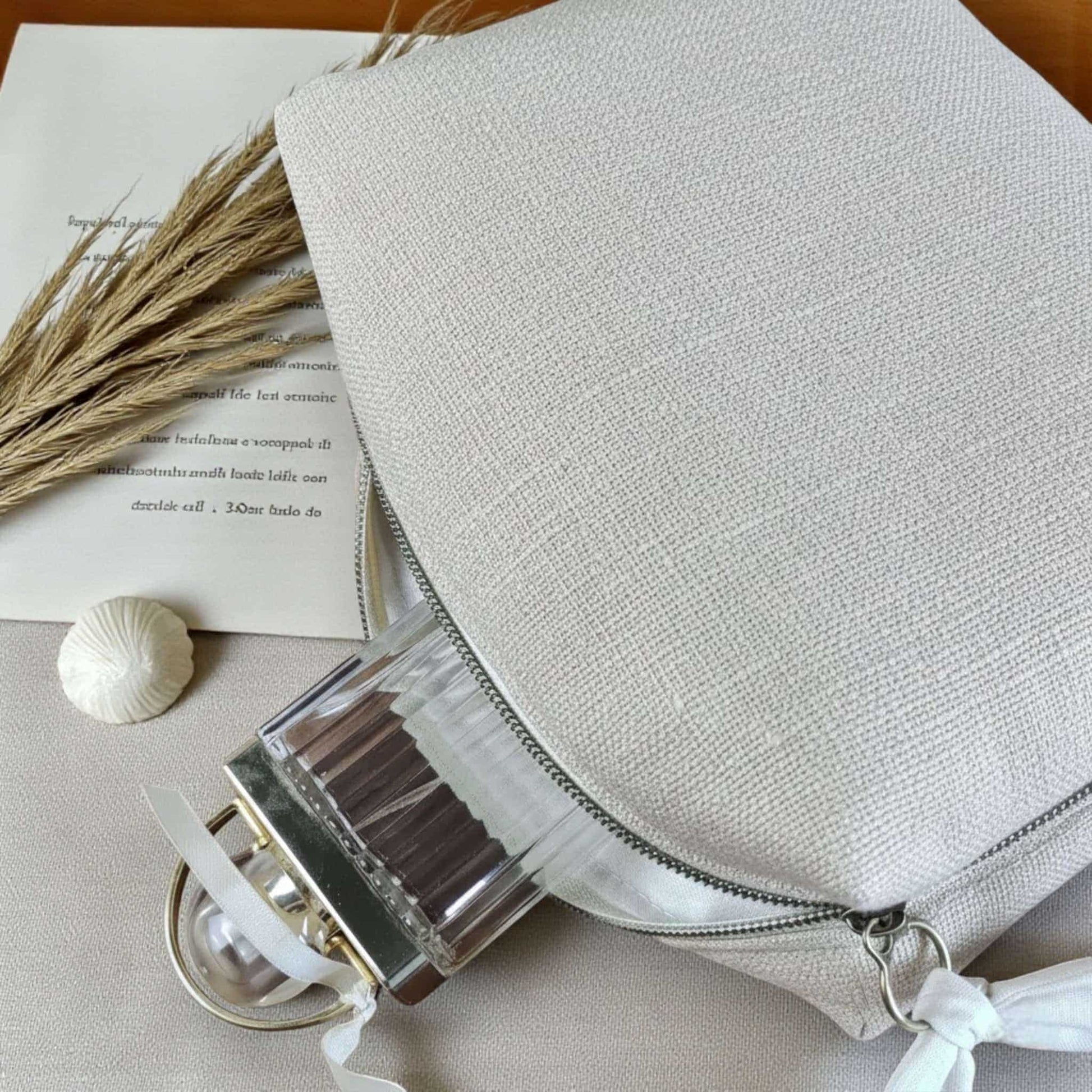 Linen Toiletry Bag, Embroidered Makeup Pouch