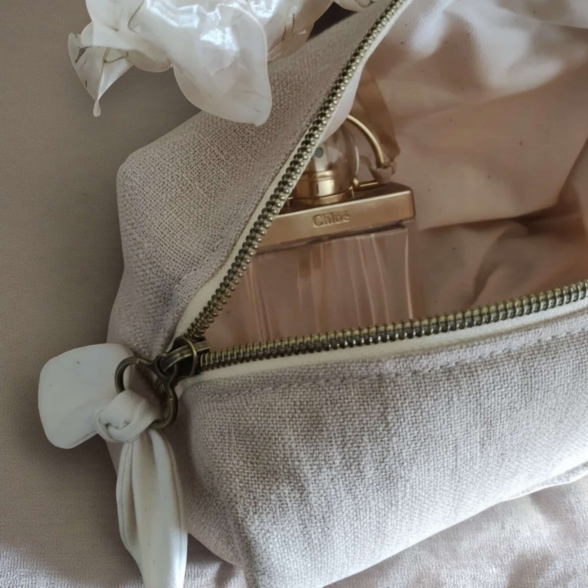 Linen Toiletry Bag, Embroidered Makeup Pouch