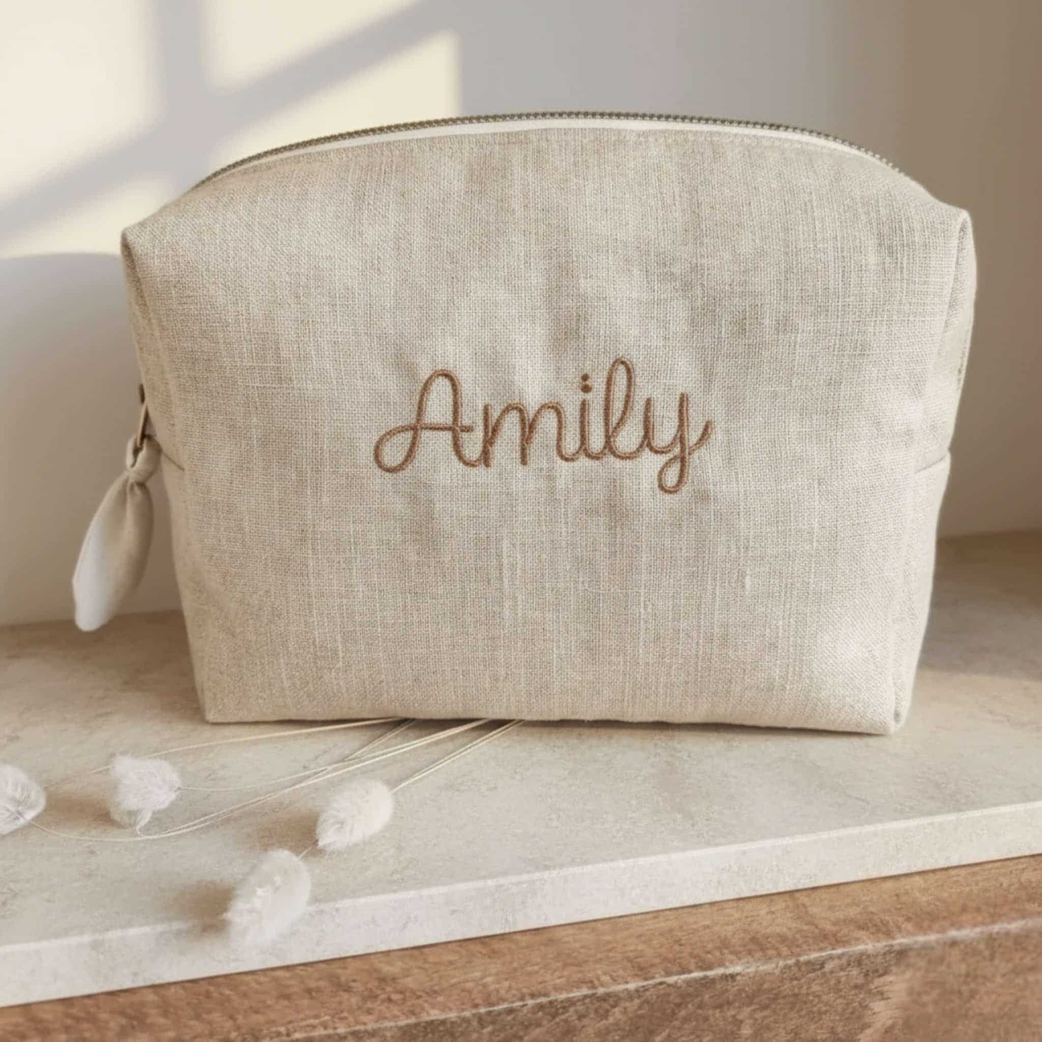 Linen Toiletry Bag, Embroidered Makeup Pouch