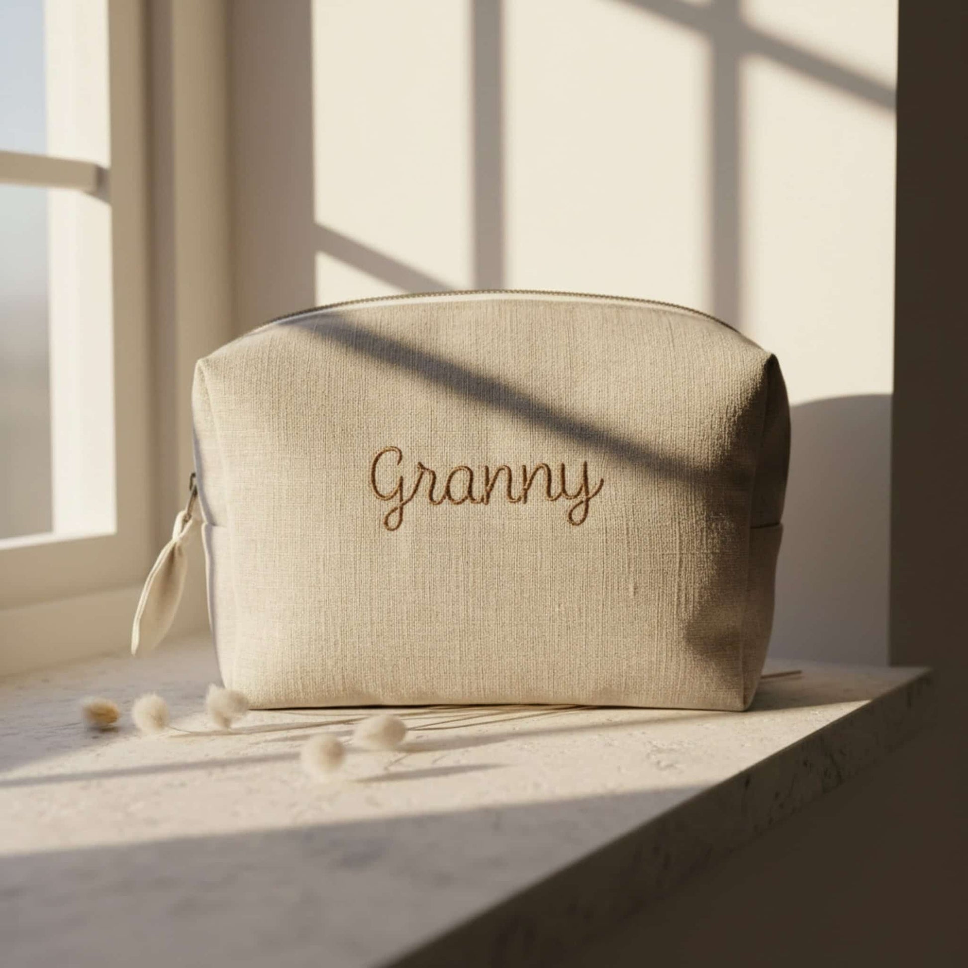 Linen Toiletry Bag, Embroidered Makeup Pouch